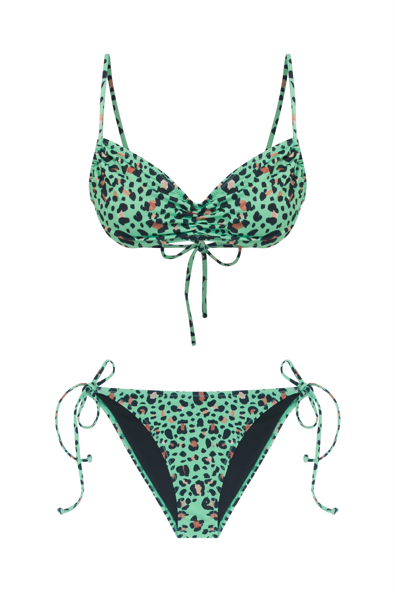 Leopar Desenli Büzgülü Büstiyer Bikini Takım