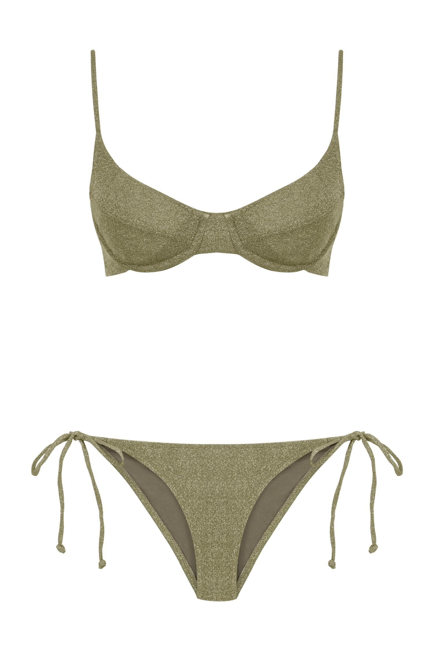 Lurex Arkası Büzgülü Balenli Haki Bikini Takım