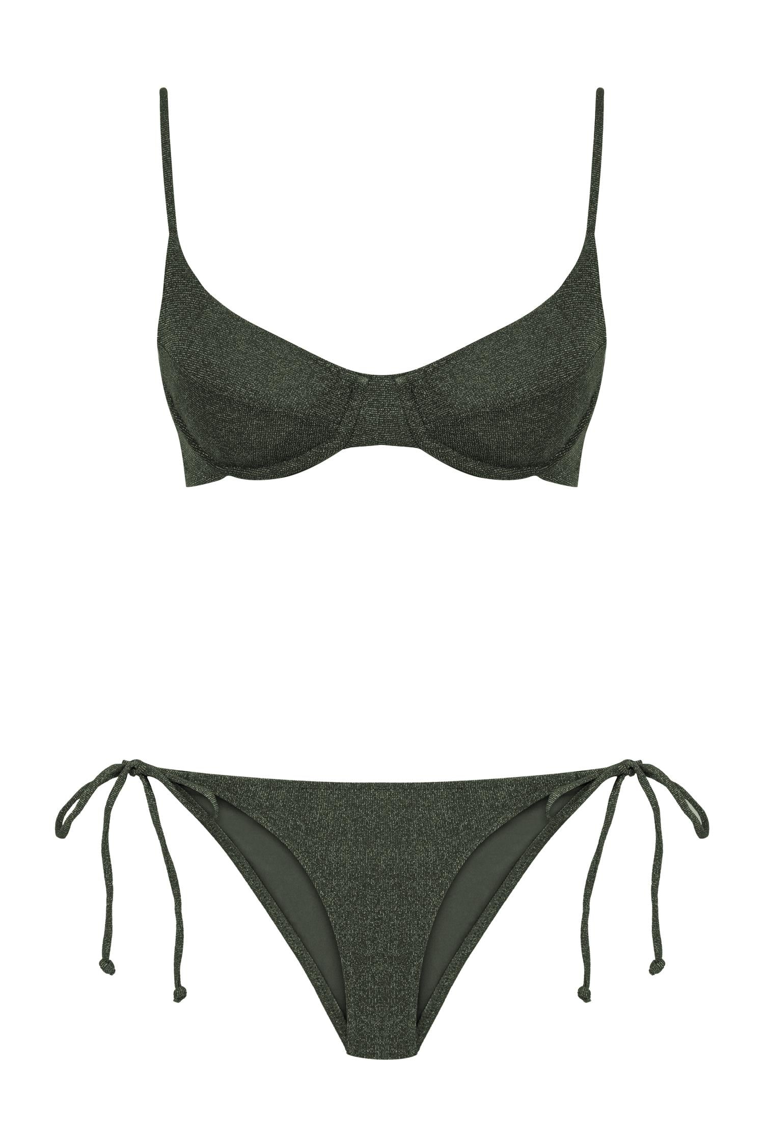 Lurex Büzgülü Balenli Koyu Yeşil Bikini Takım