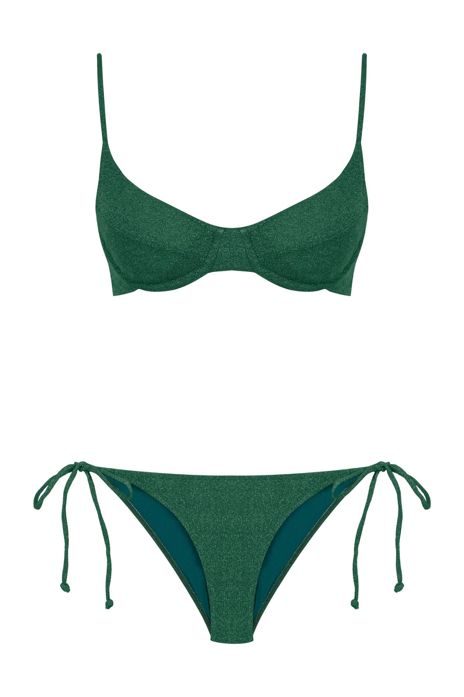 Lurex Büzgülü Balenli Yeşil Bikini Takım