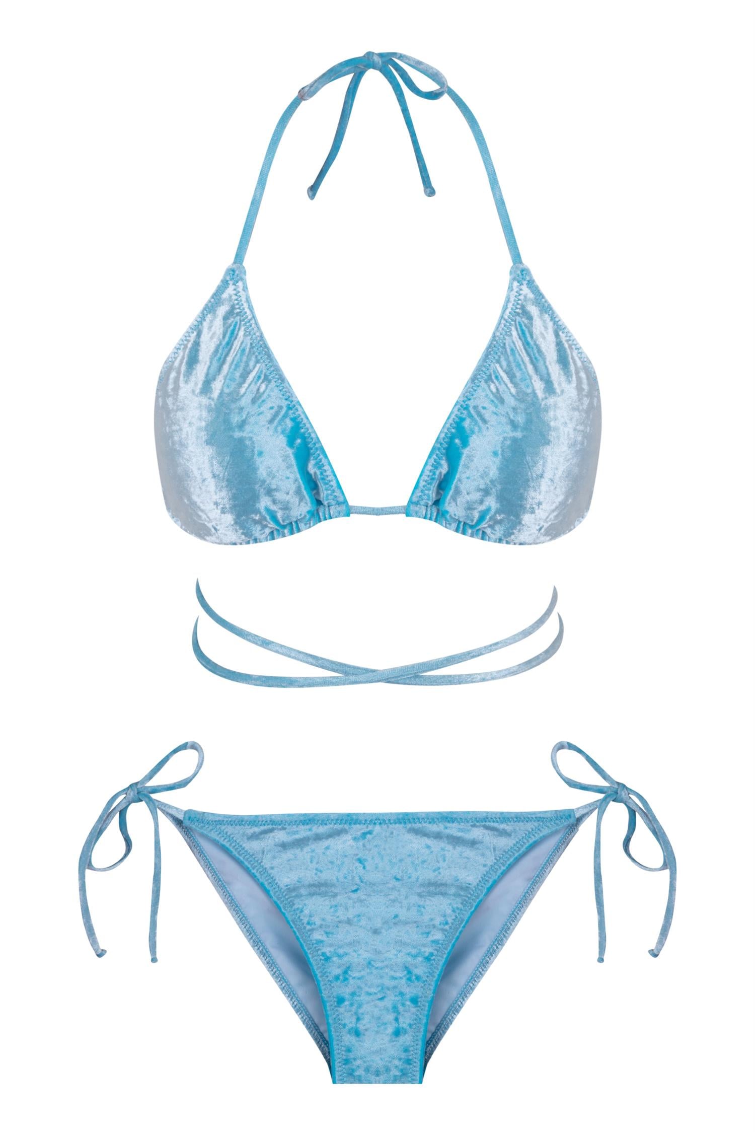 Parlak Kadife Mavi Bikini Takım 