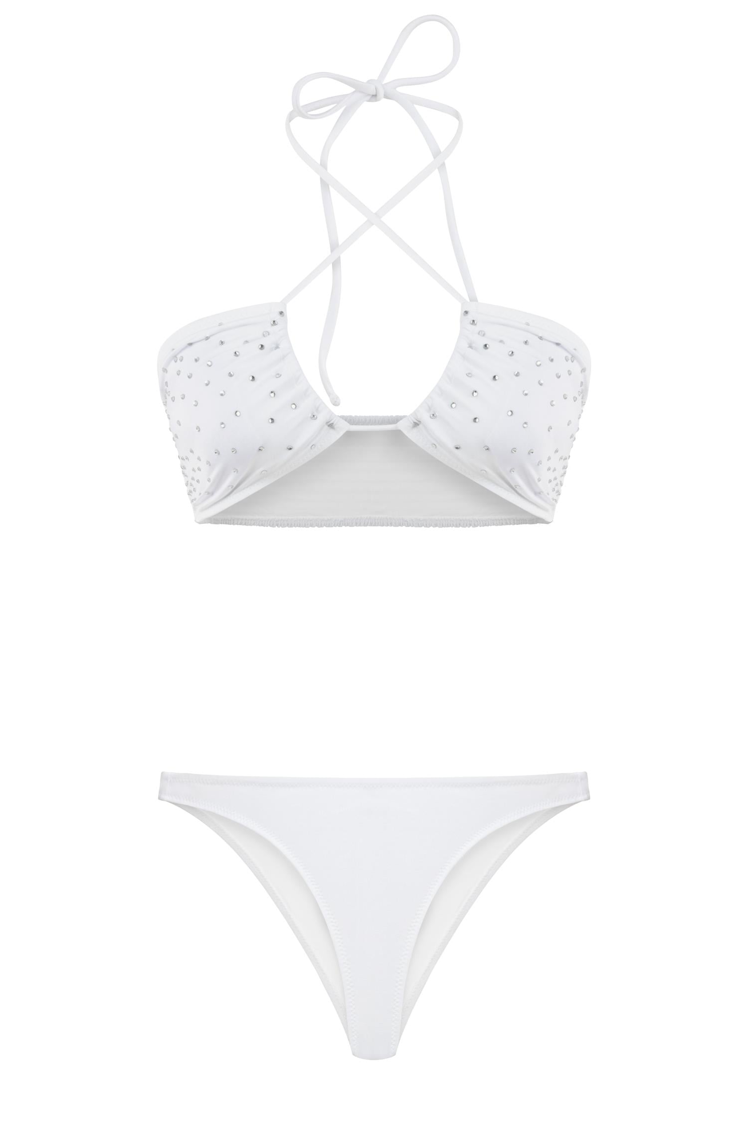 Parlak Taşlı Gipeli Beyaz Halter Bikini Takım