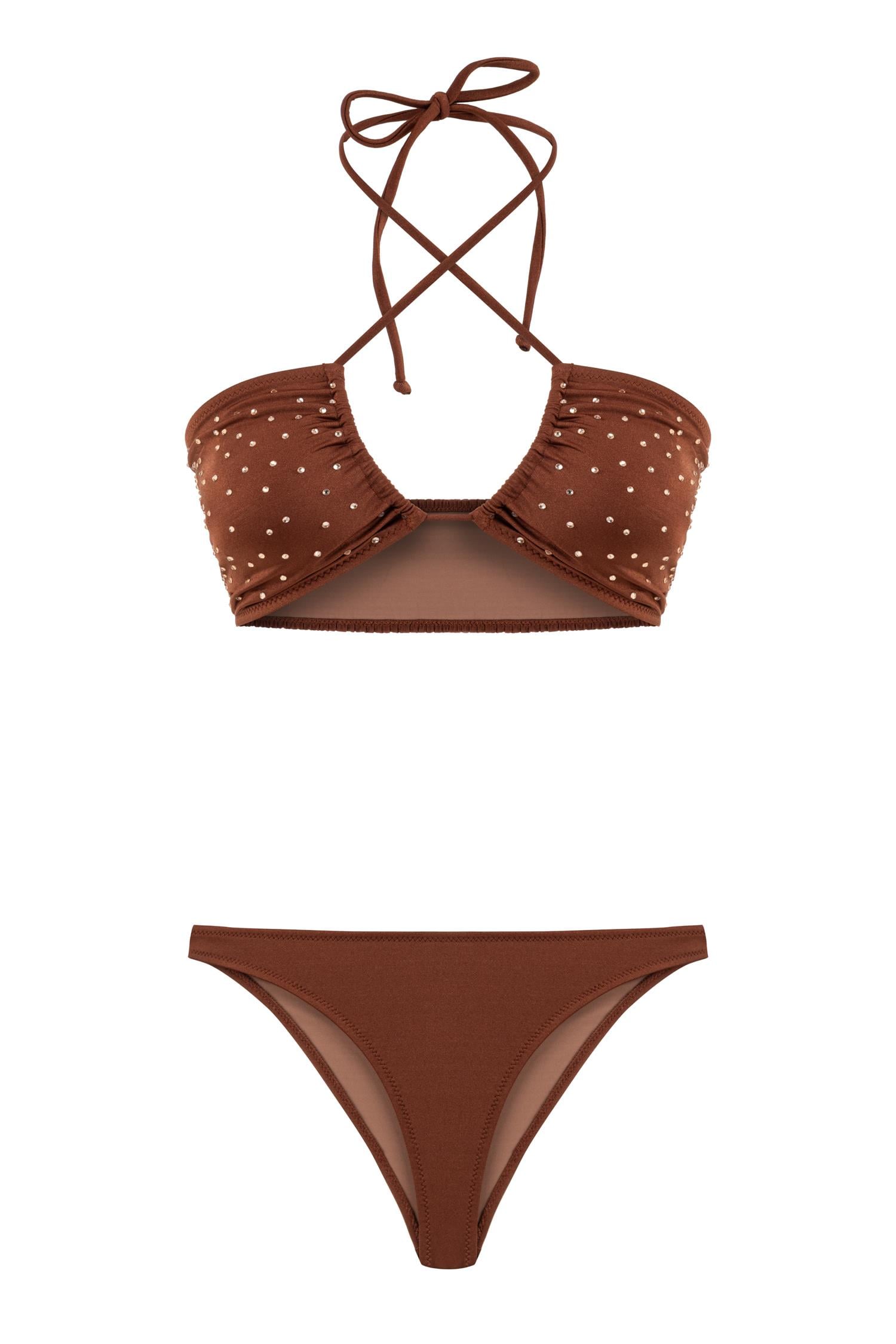 Parlak Taşlı Gipeli Kızıl Kahve Halter Bikini Takım