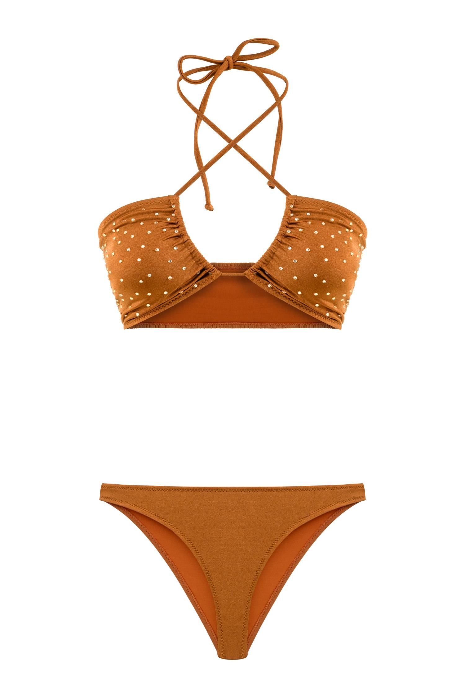 Parlak Taşlı Gipeli Turuncu Halter Bikini Takım