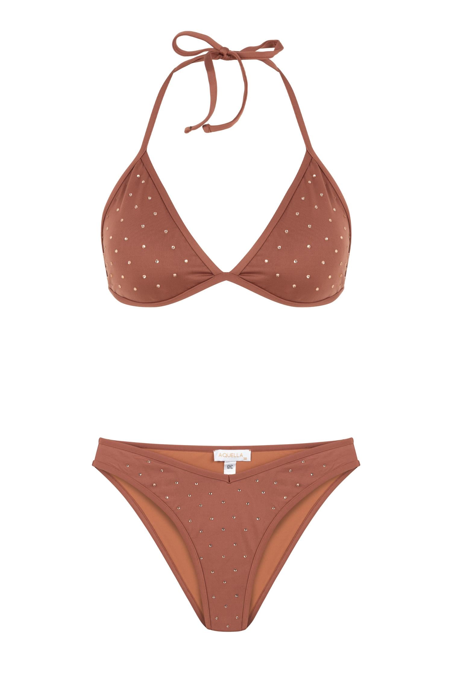 Parlak Taşlı Gül Kurusu Üçgen Bikini Takım