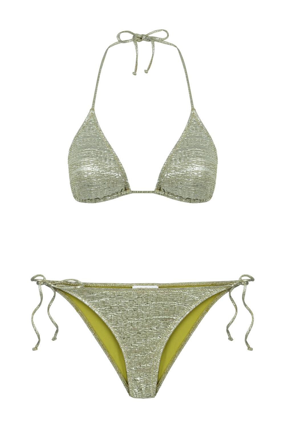 Parlak Yağ Yeşili Üçgen Bikini Takım