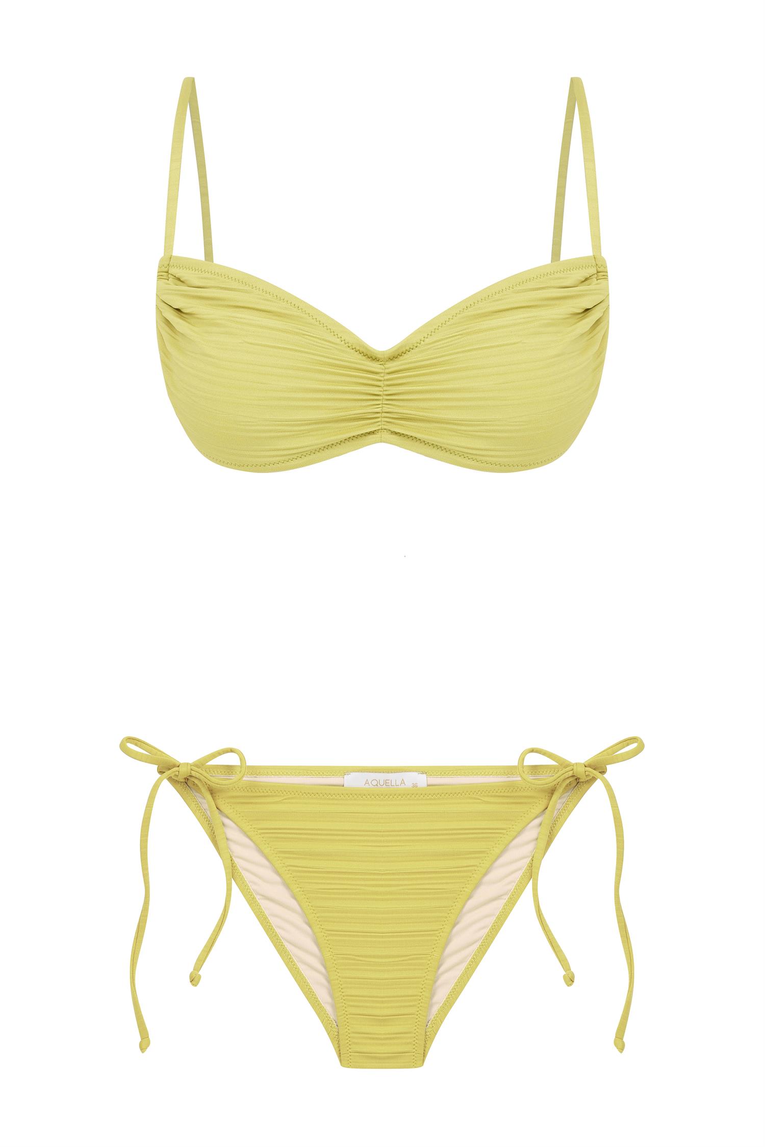 Piliseli Misket Yeşili Büzgülü Straplez Bikini Takım