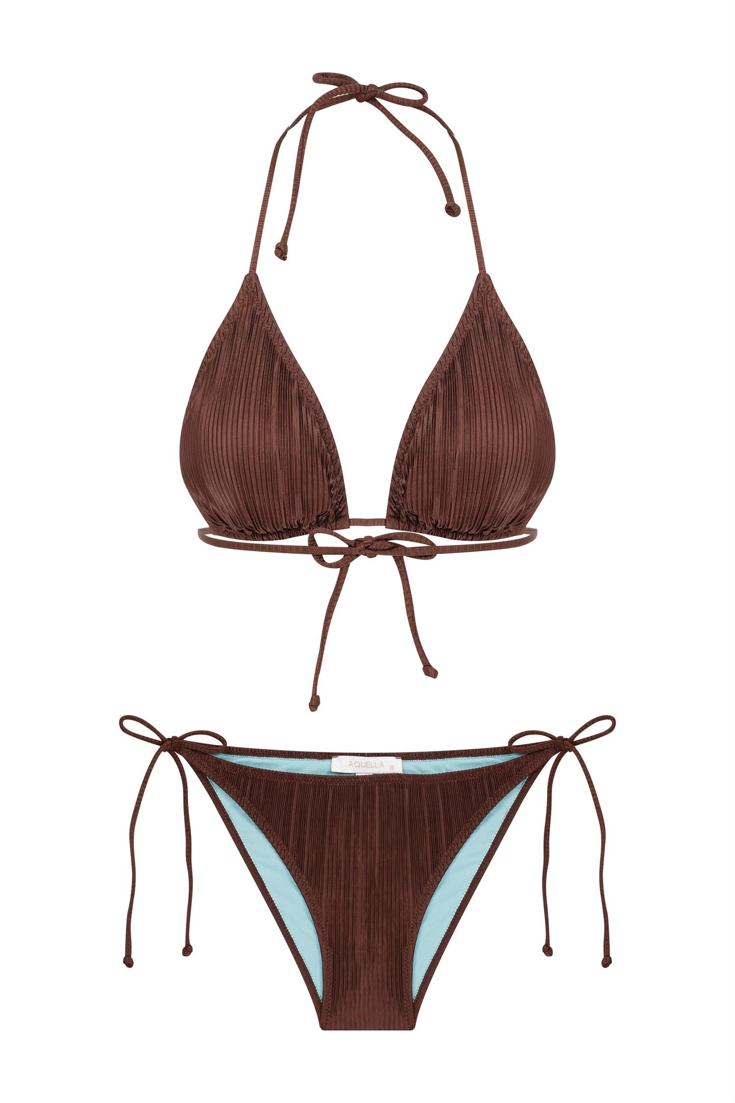 Piliseli Saten Acı Kahve Üçgen Bikini Takım