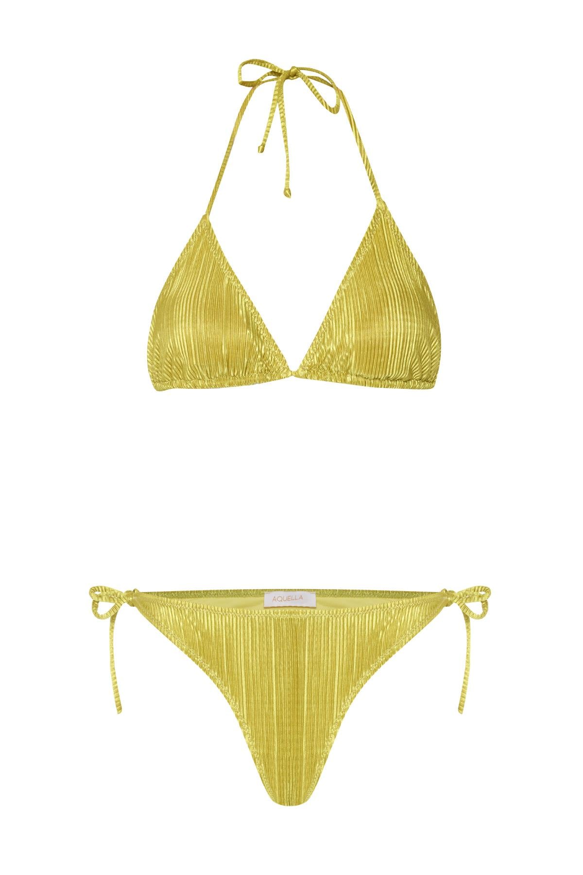 Piliseli Saten Neon Yeşil Üçgen Bikini Takım