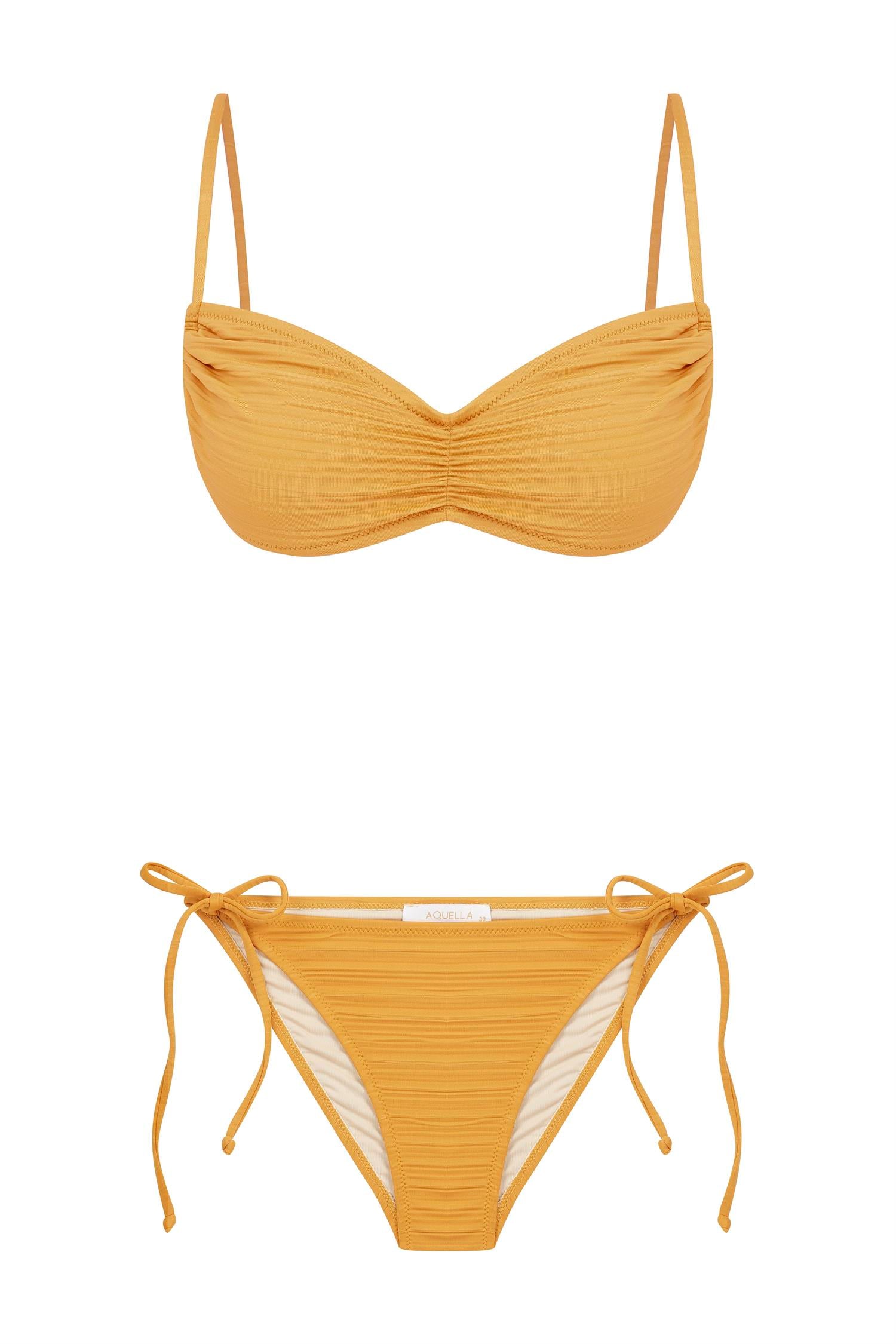 Piliseli Yanık Turuncu Büzgülü Straplez Bikini Takım