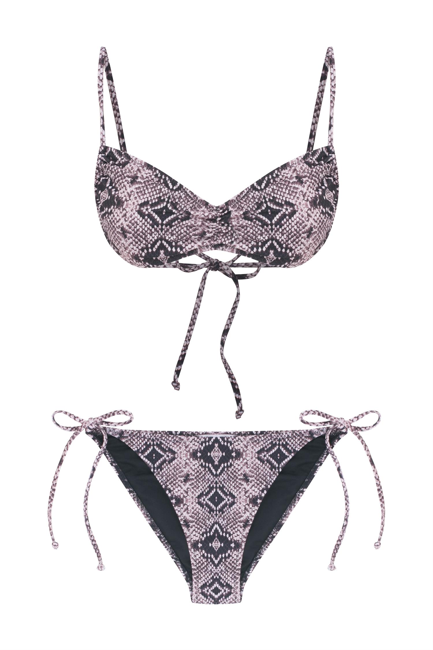 Piton Desenli Büzgülü Büstiyer Bikini Takım
