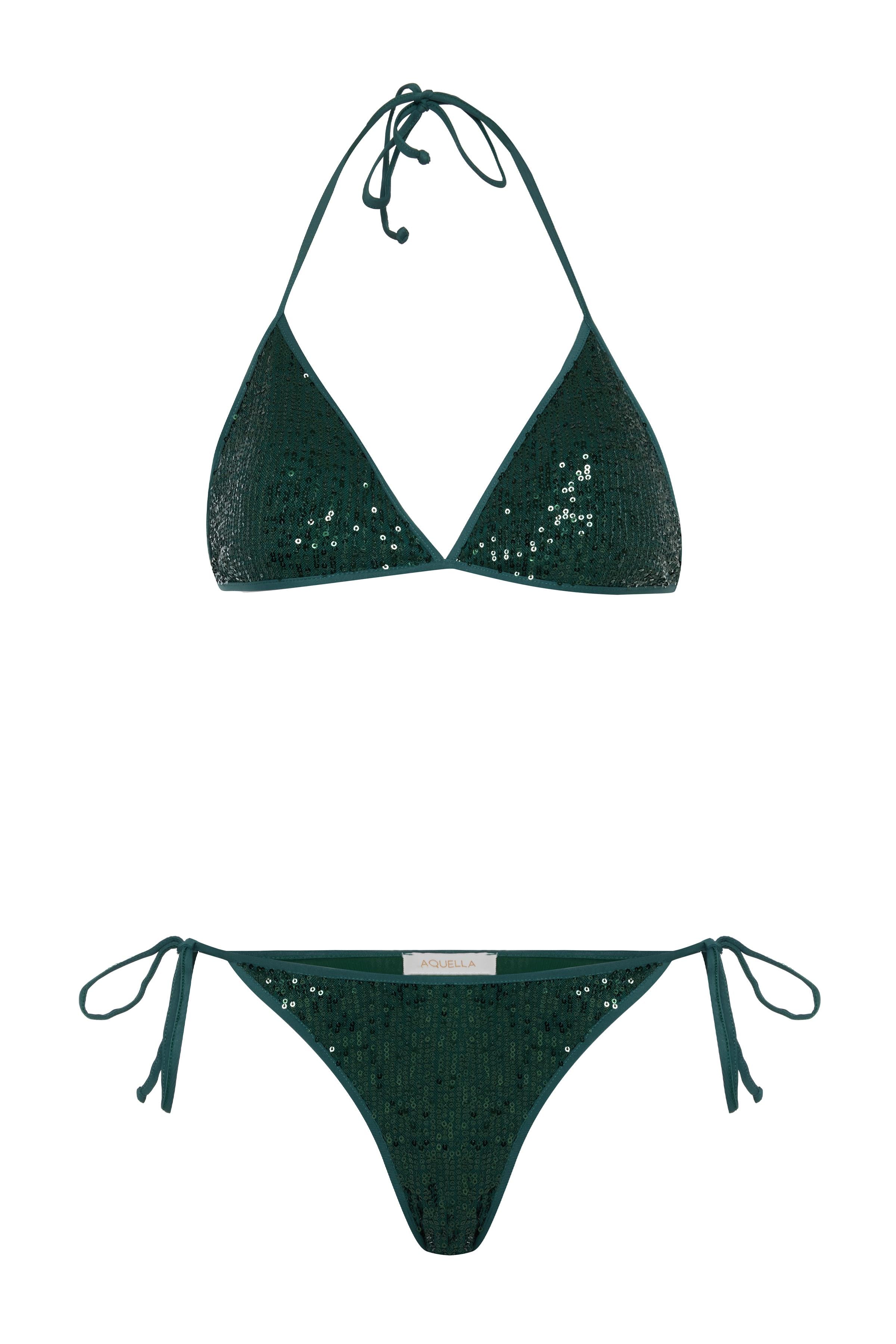 Pul Payetli Yeşil Üçgen Bikini Takım