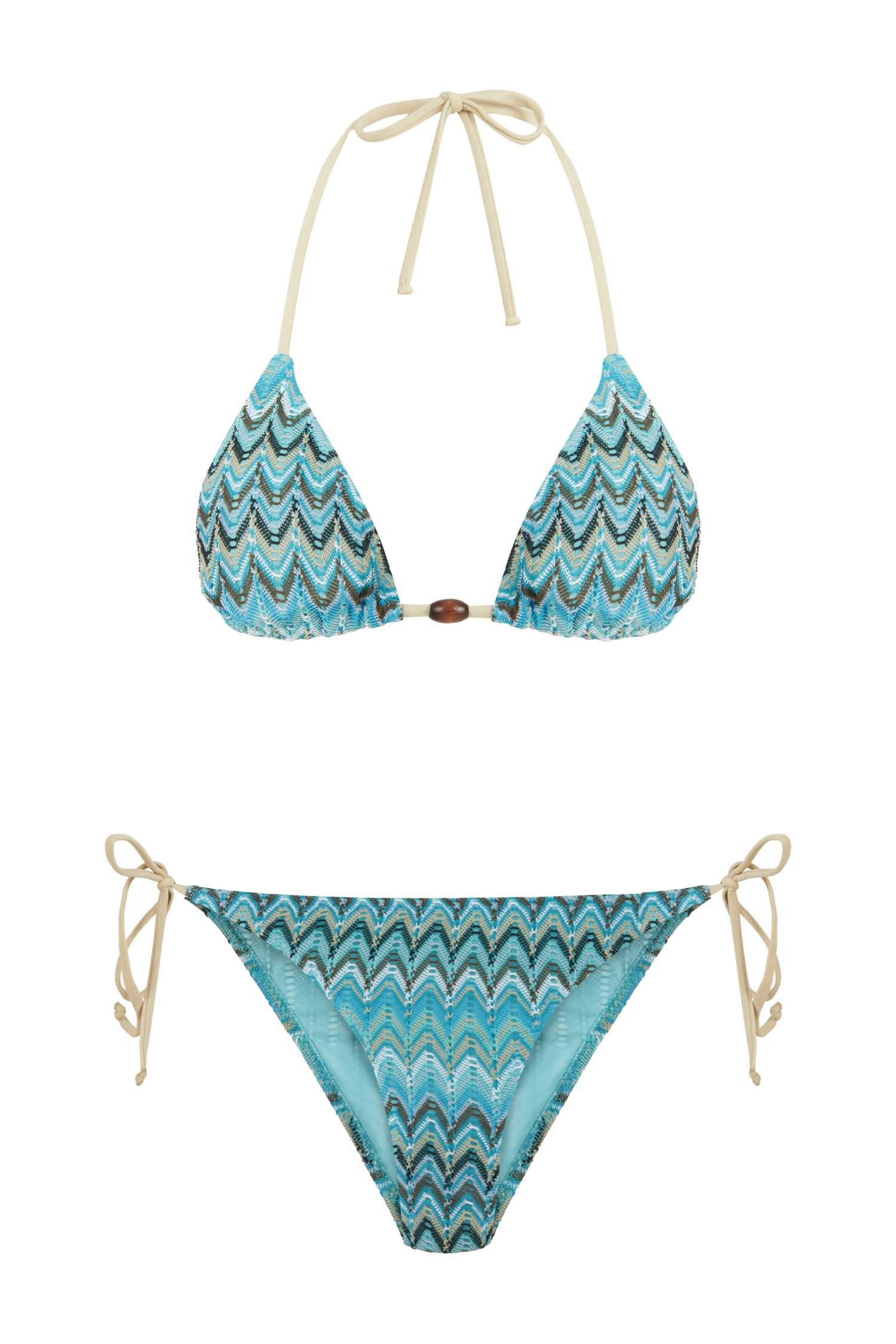 Renkli Desenli Triko Üçgen Bikini Takım