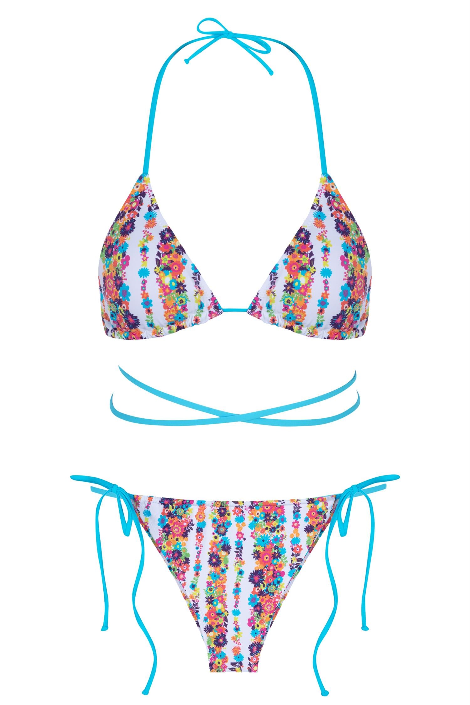 Renkli Desenli Üçgen Bağlamalı Bikini Takım