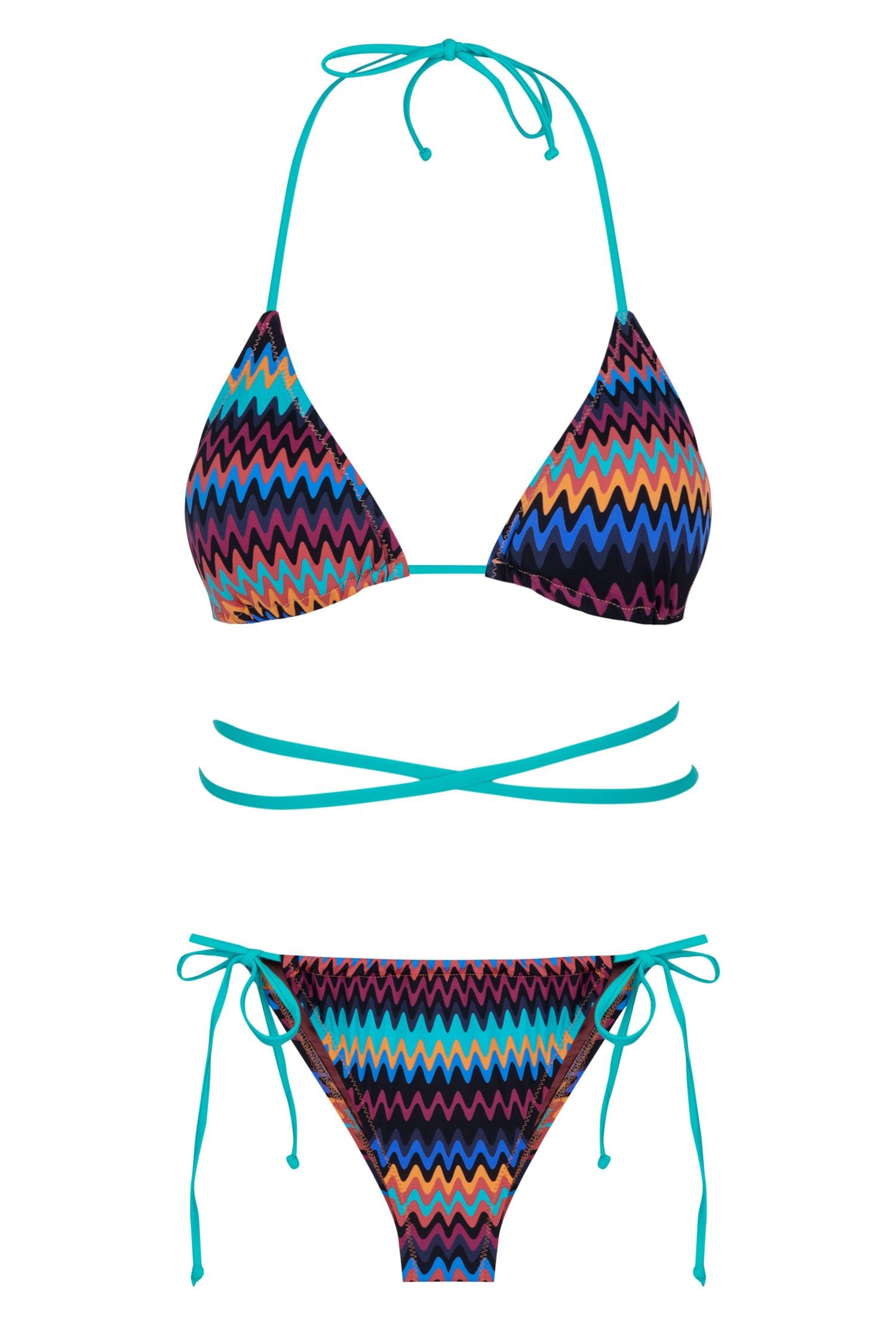 Renkli Desenli Üçgen Bağlamalı Bikini Takım