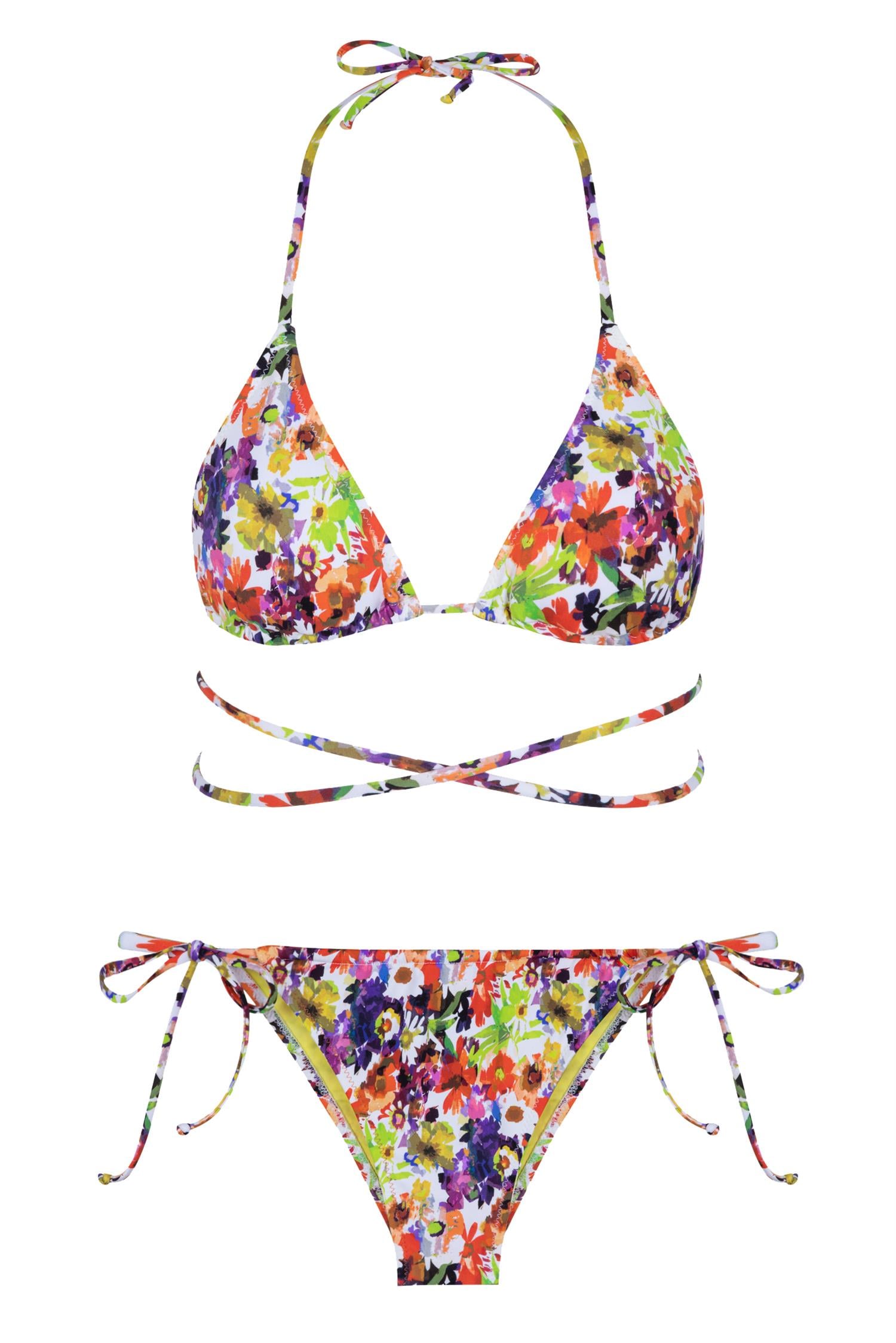 Renkli Desenli Üçgen Bağlamalı Bikini Takım