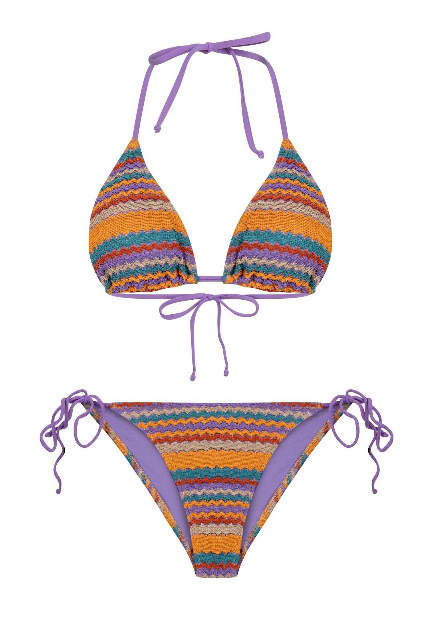 Renkli Triko Arkası Büzgülü Üçgen Bikini Takım