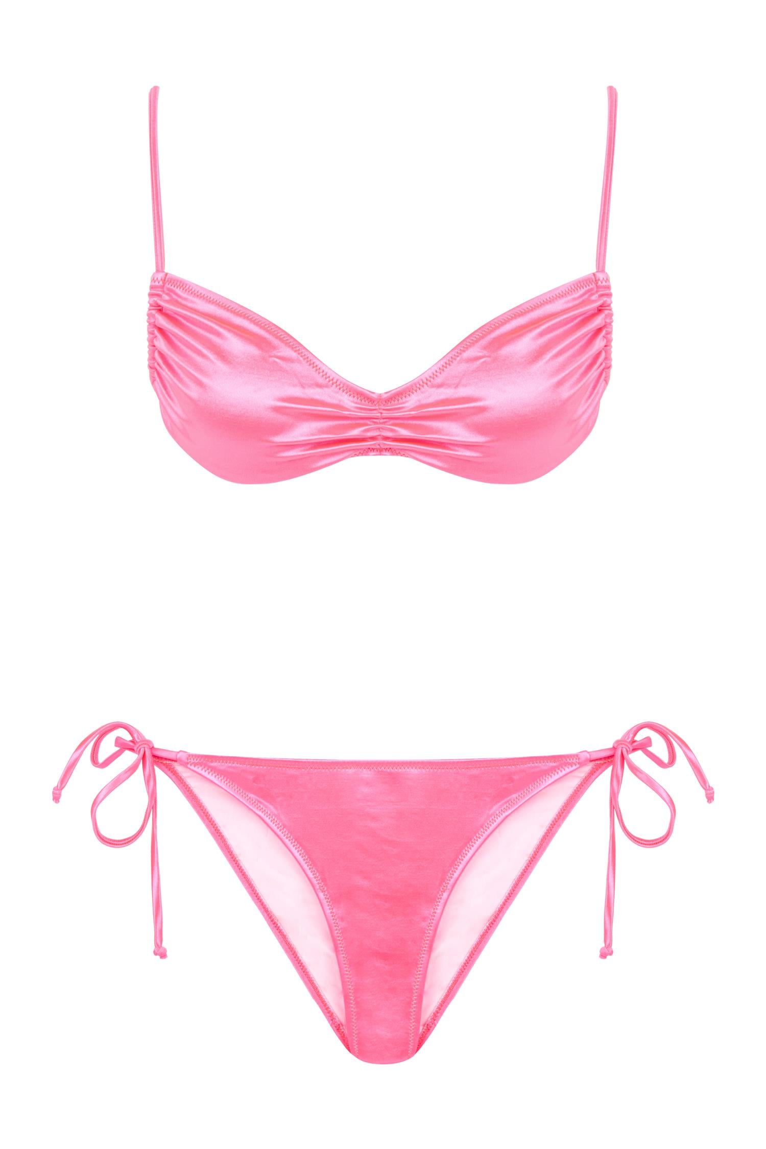 Saten Pembe Büzgülü Büstiyer Bikini Takım
