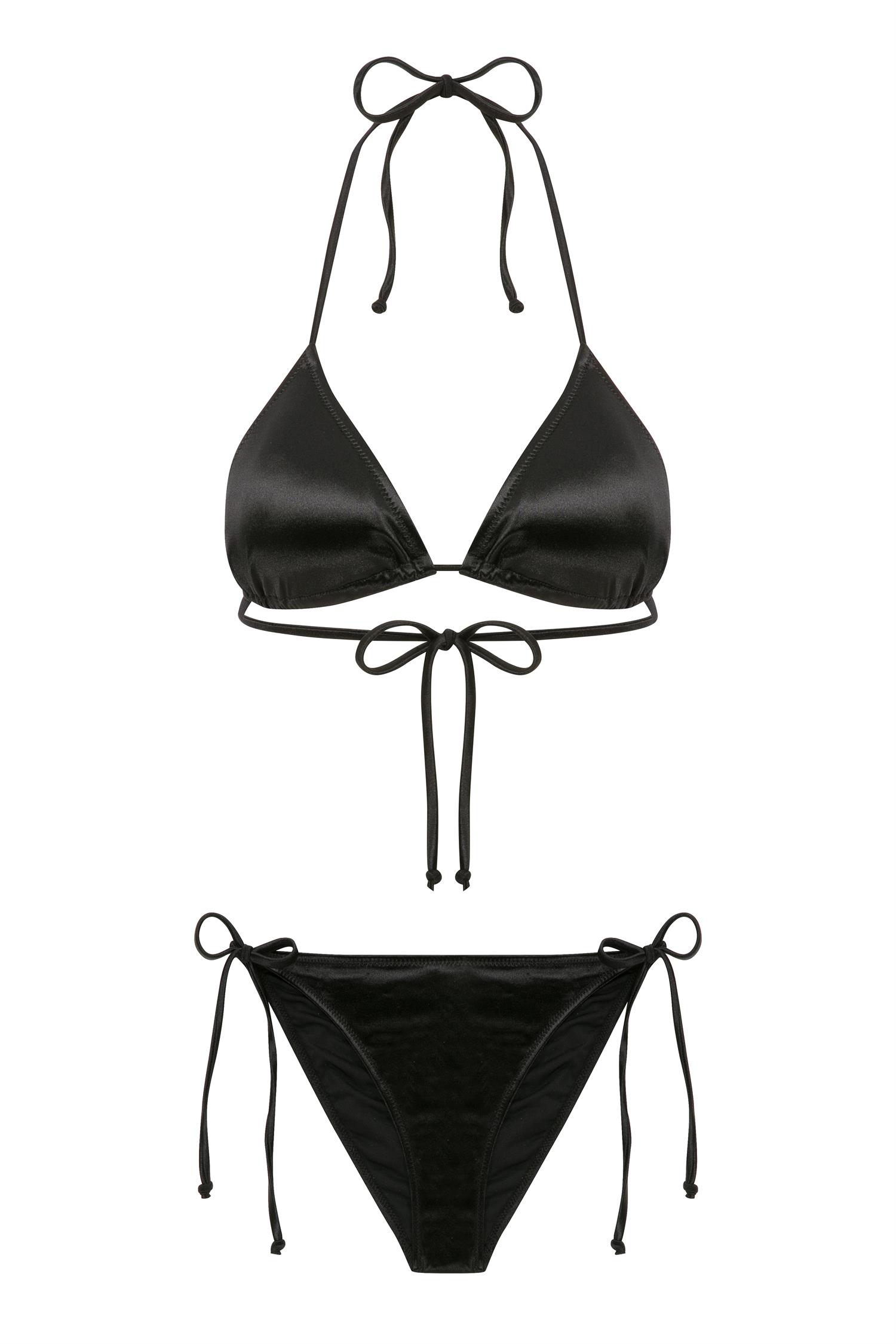Saten Üçgen Siyah Bikini Takım