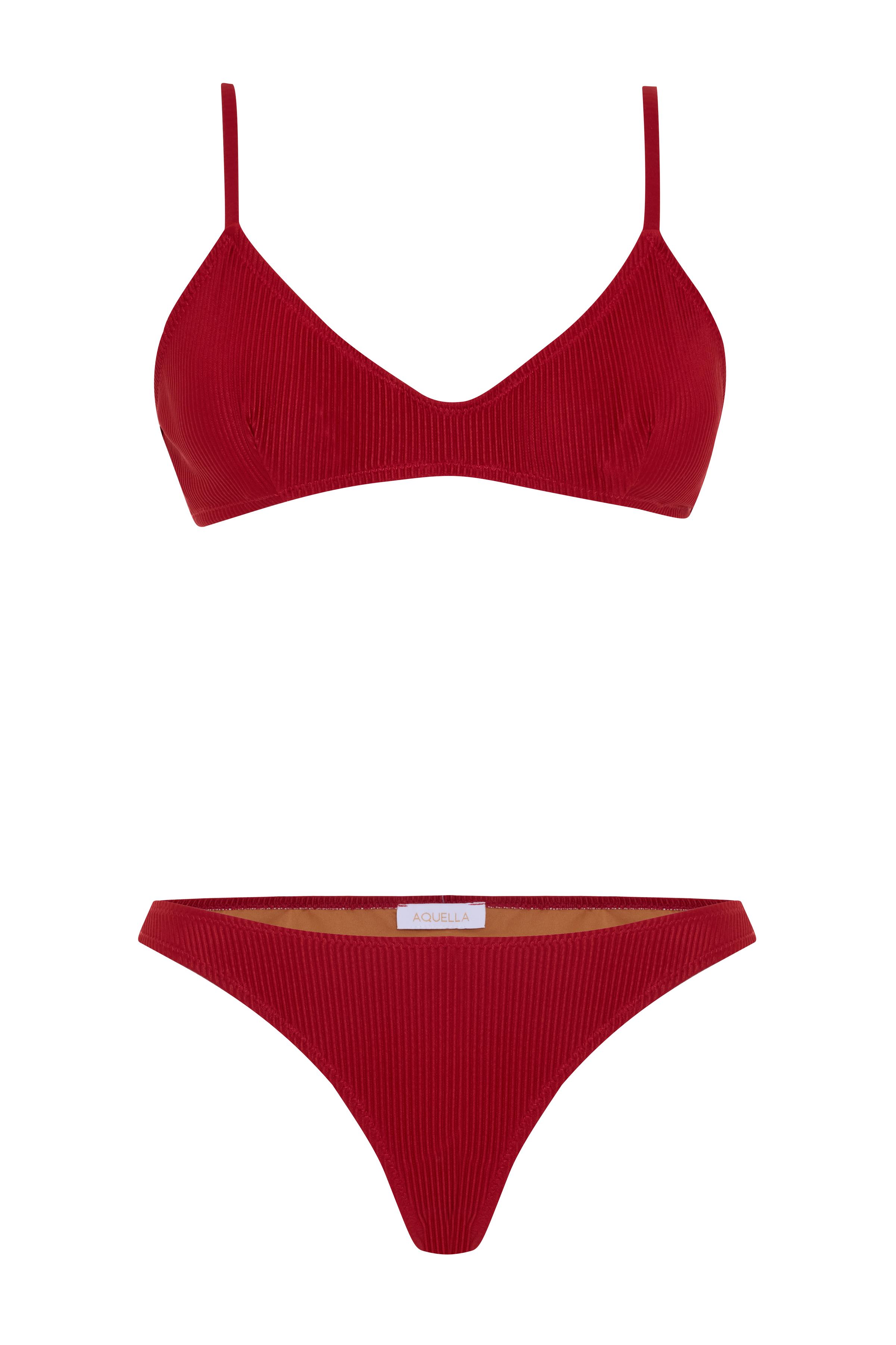 Şerit Dokulu Bordo Pensli Bikini Takım