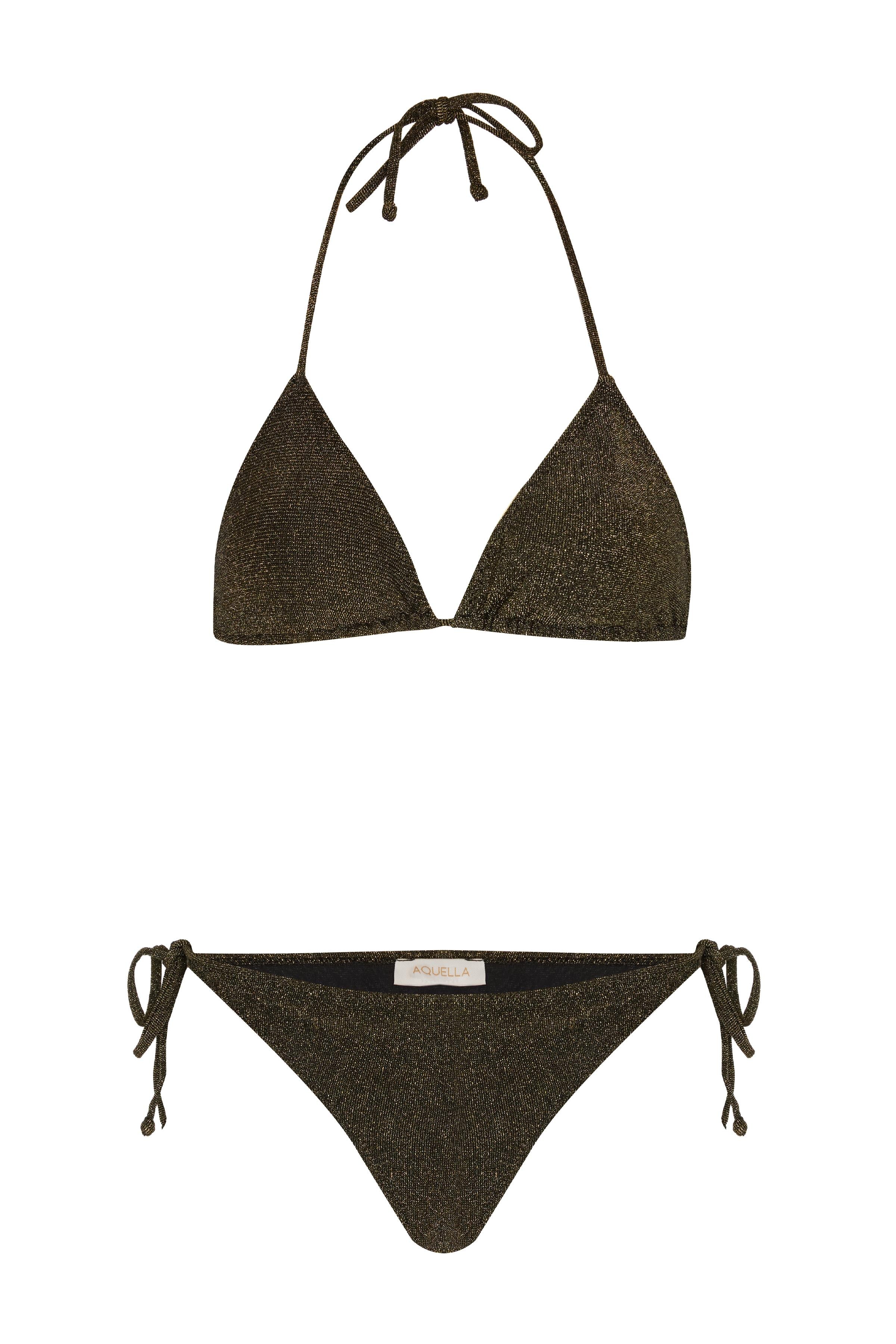 Simli Haki-Gold Üçgen Bikini Takımı