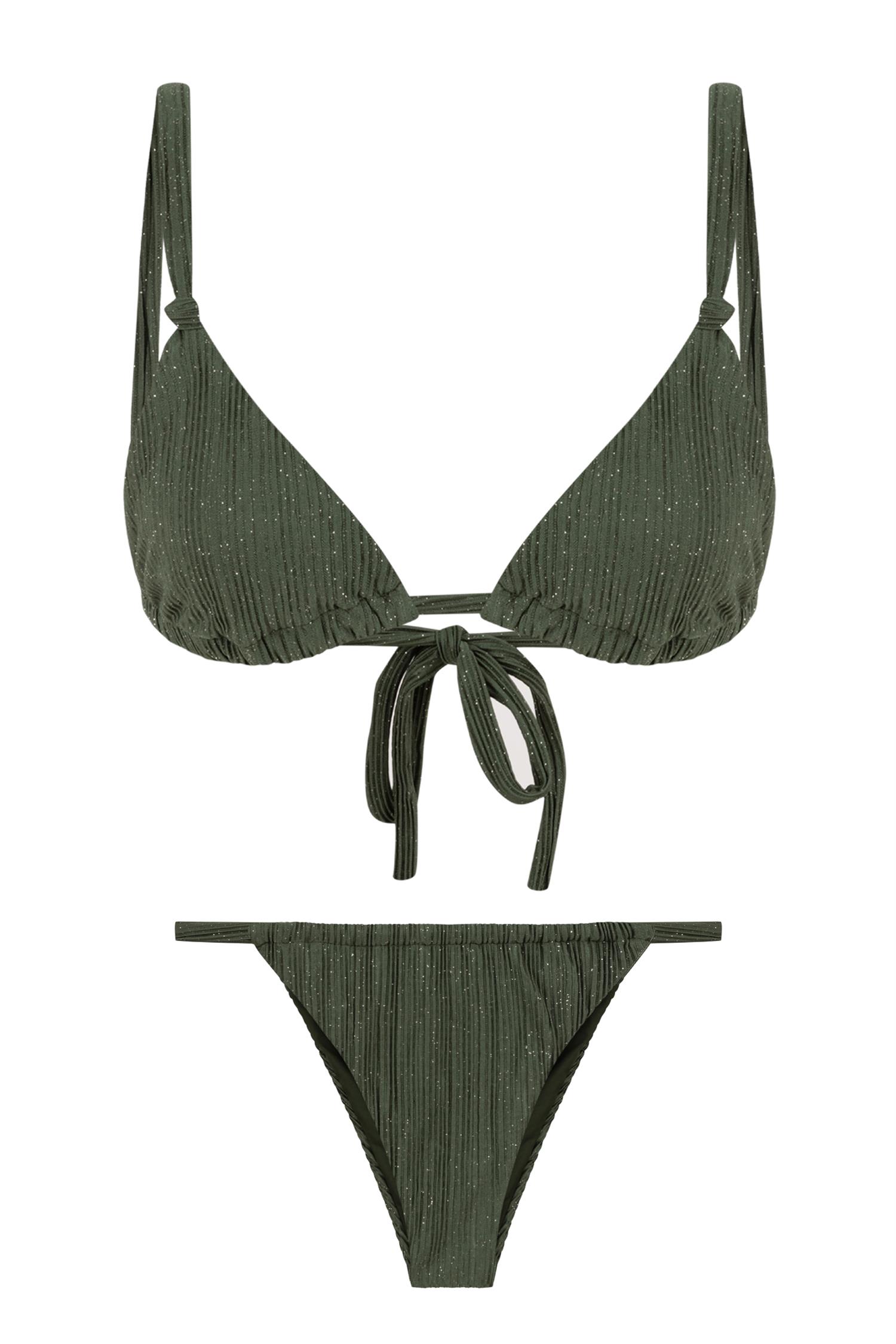 Simli Haki Pilili Düğüm Detaylı Üçgen Bikini Takım