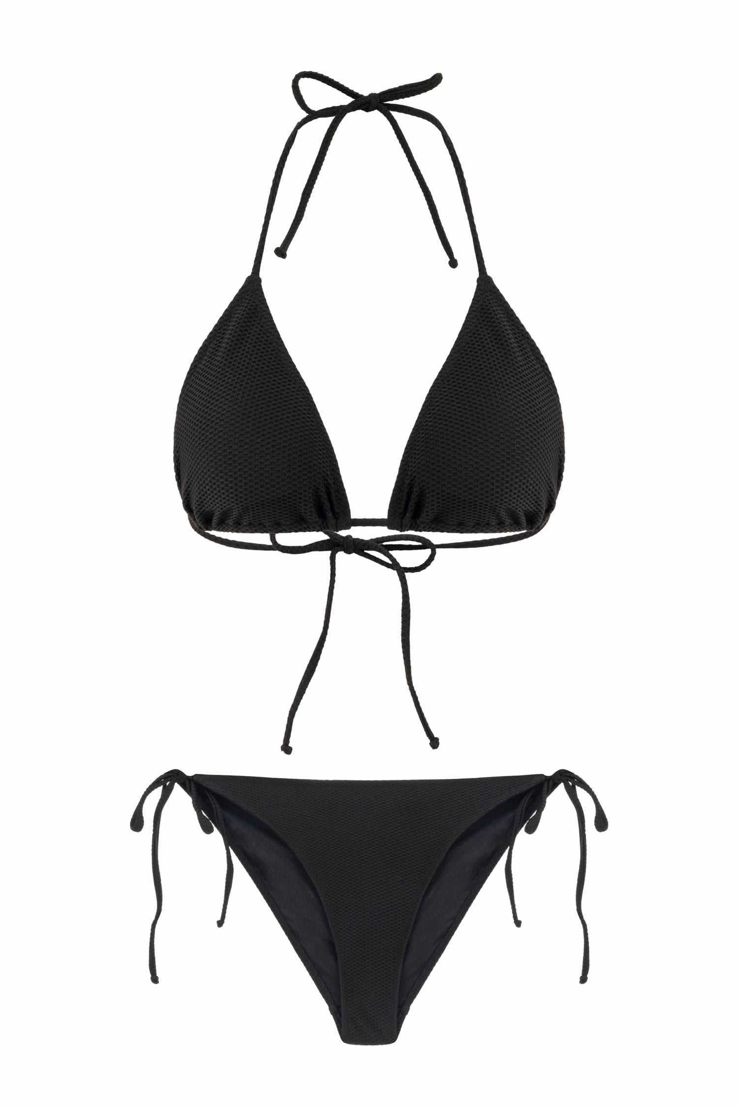 Siyah Dokulu Büzgülü Üçgen Bikini Takım