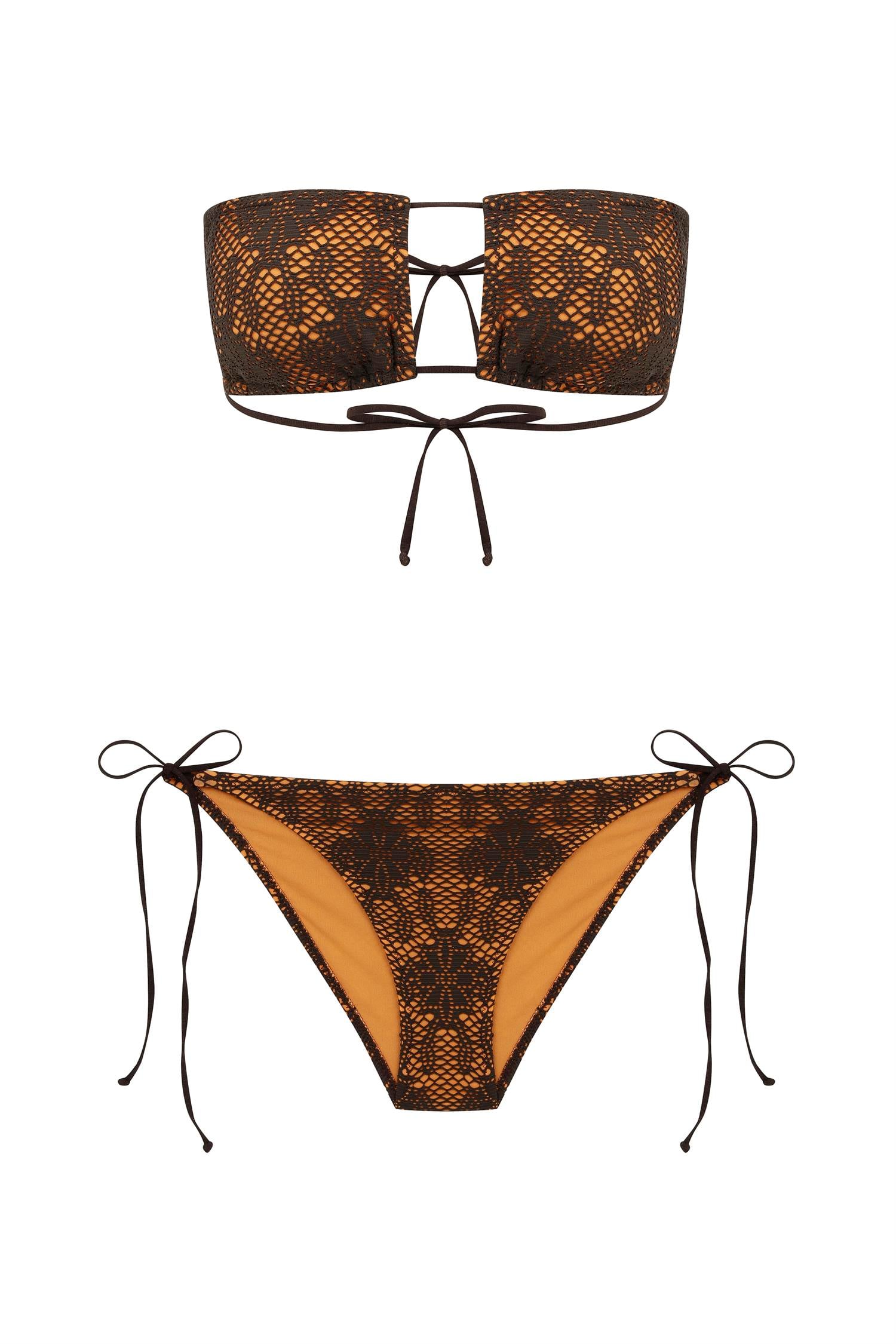 Straplez Kahve File Halter Bikini Takım