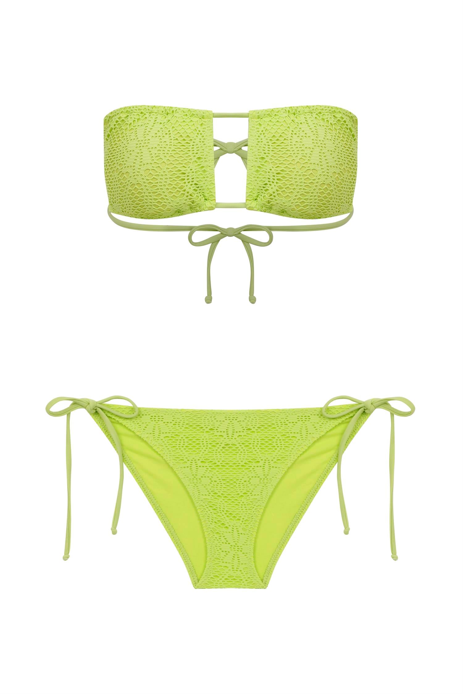 Straplez Neon Yeşil File Halter Bikini Takım