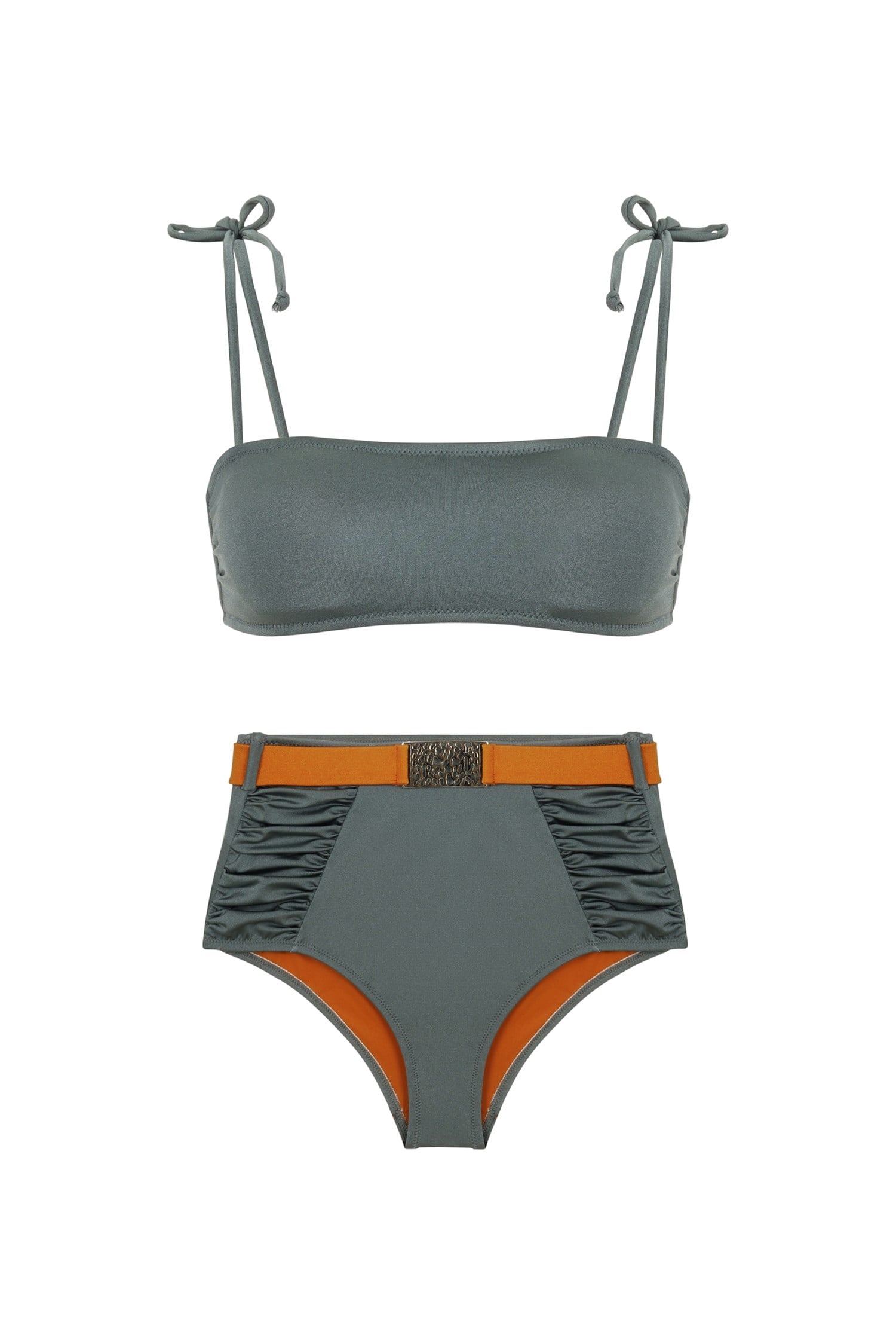 Straplez Yüksek Bel Haki Bikini Takım