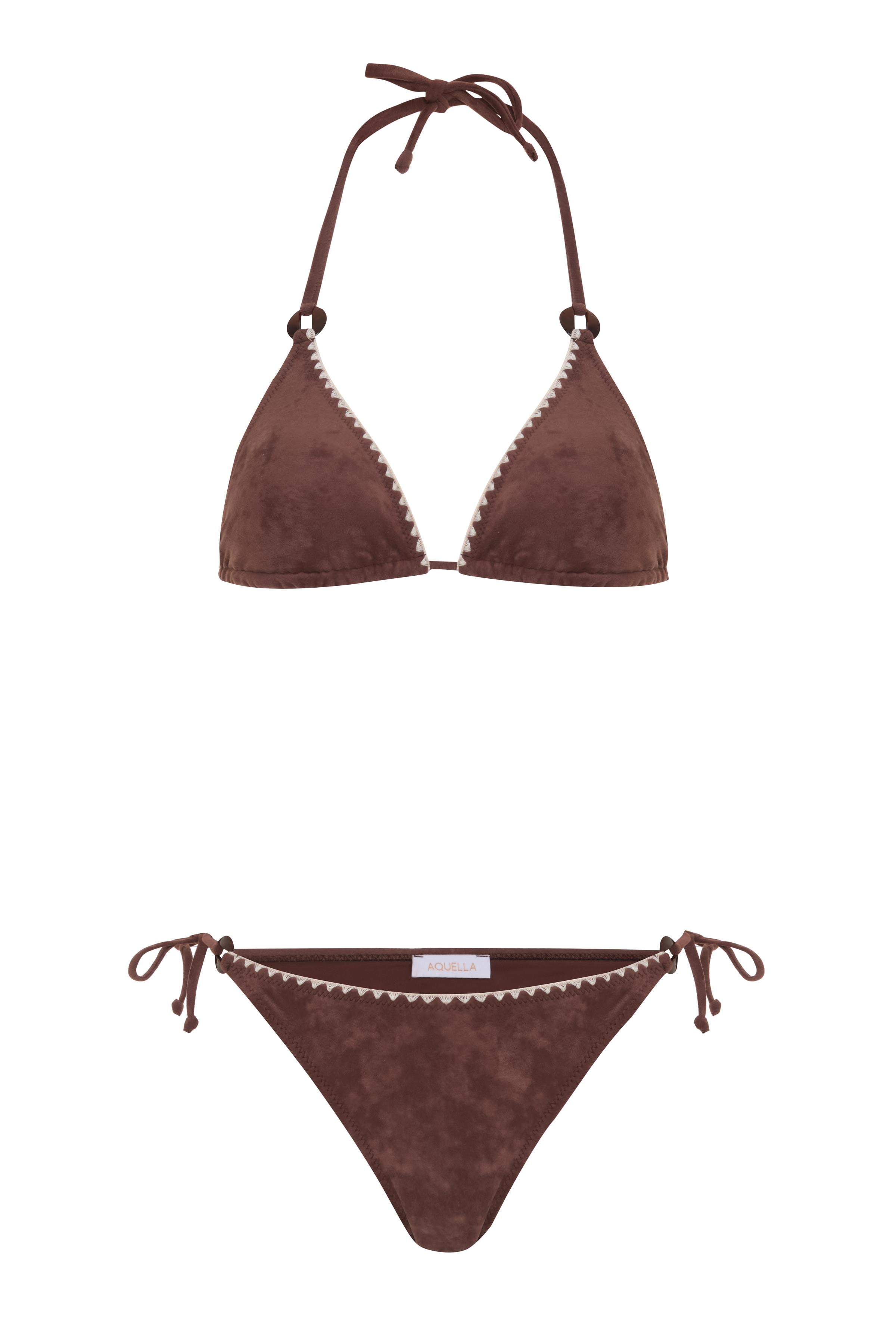 Süet Dokulu Acı Kahve Üçgen Bikini Takım