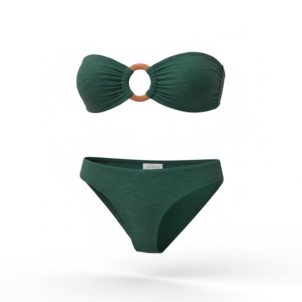 Toka Aksesuarlı Dokulu Koyu Yeşil Bikini Takım