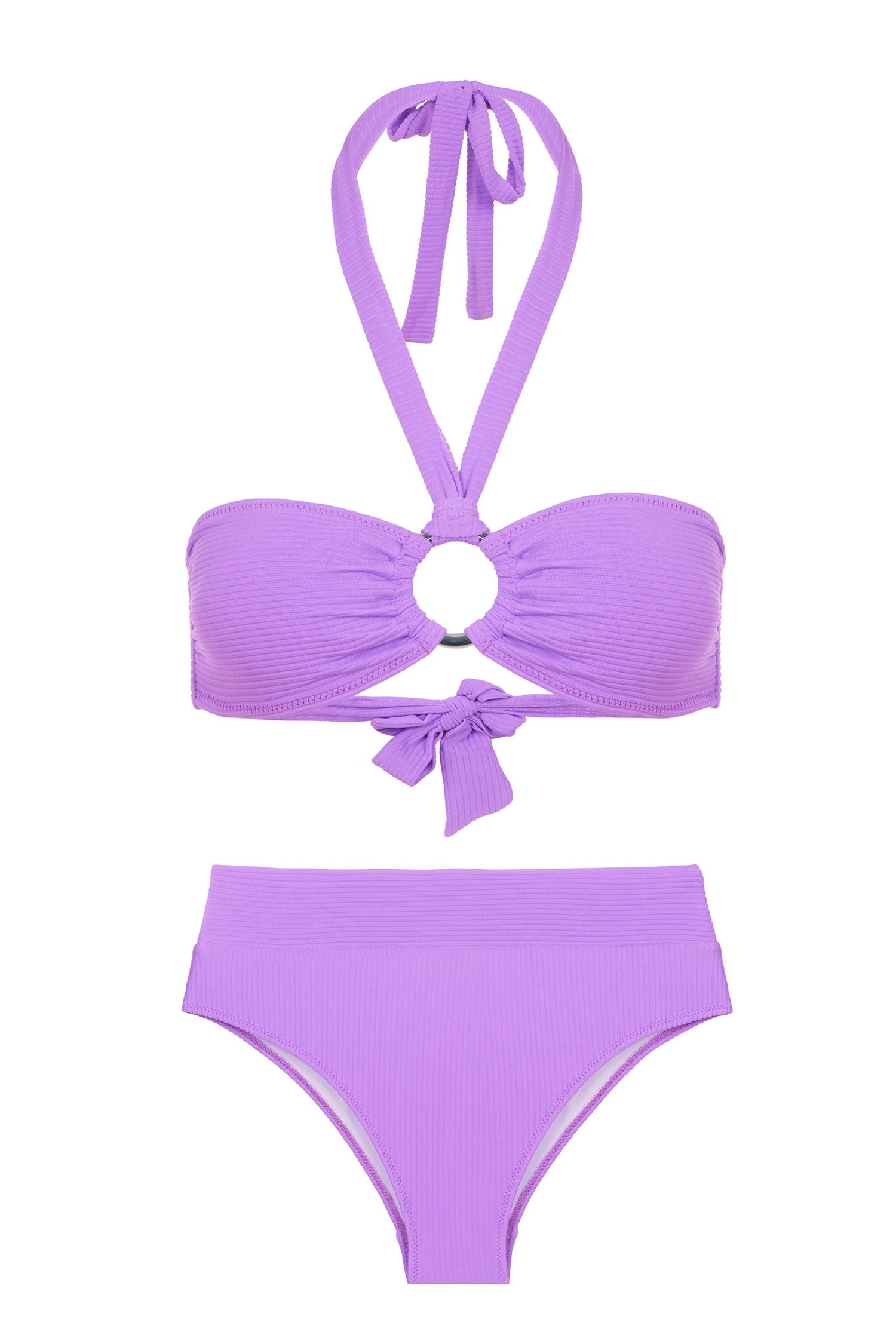 Tokalı Lila Dokulu Straplez Bikini Takım