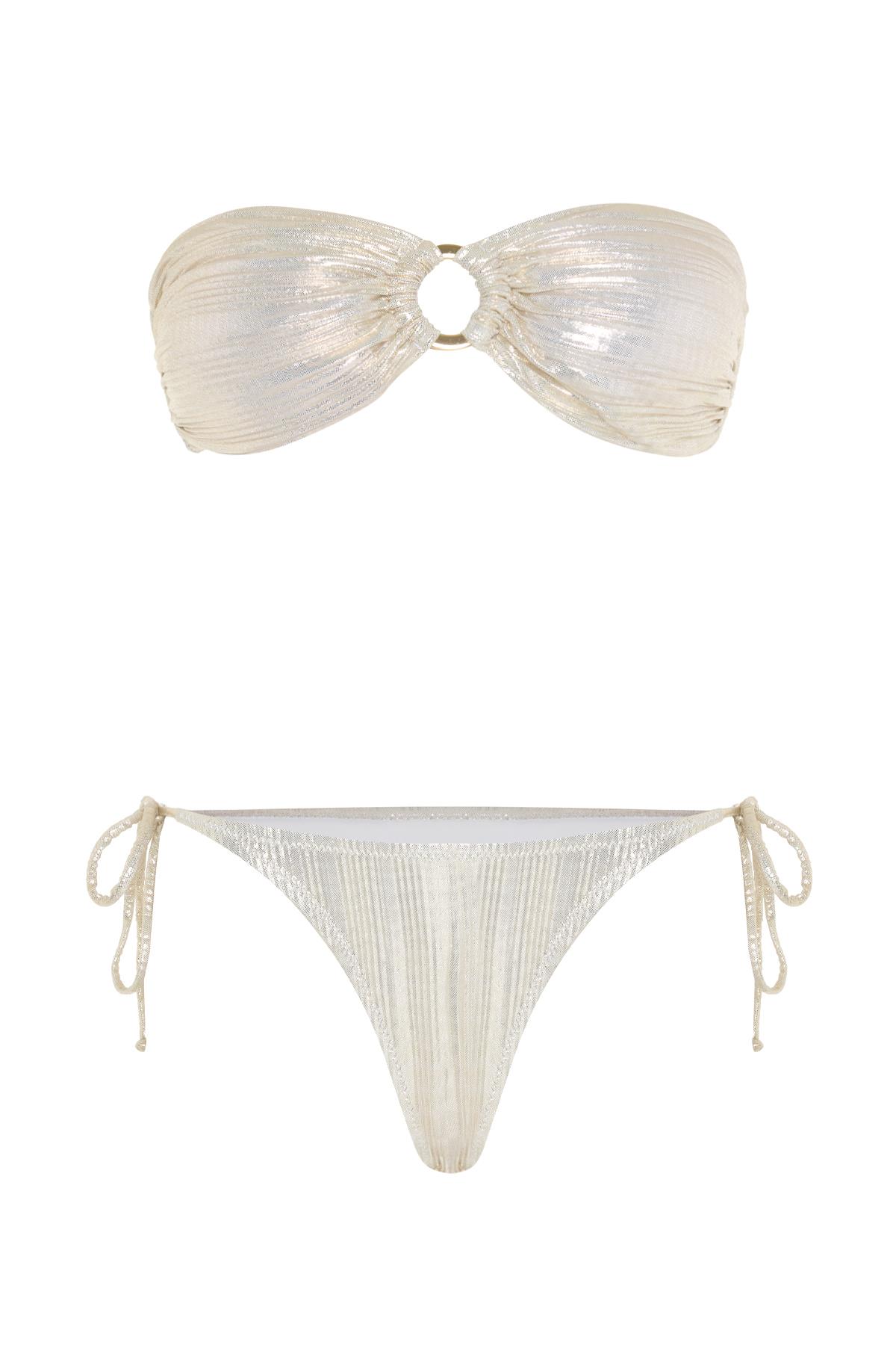 Tokalı Piliseli Gold Parlak Straplez Bikini