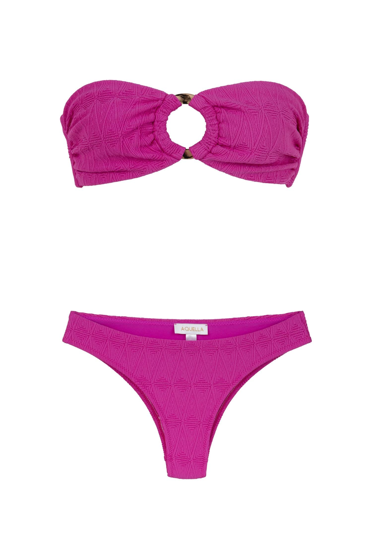 Tokalı Straplez Dokulu Fuşya Bikini Takım