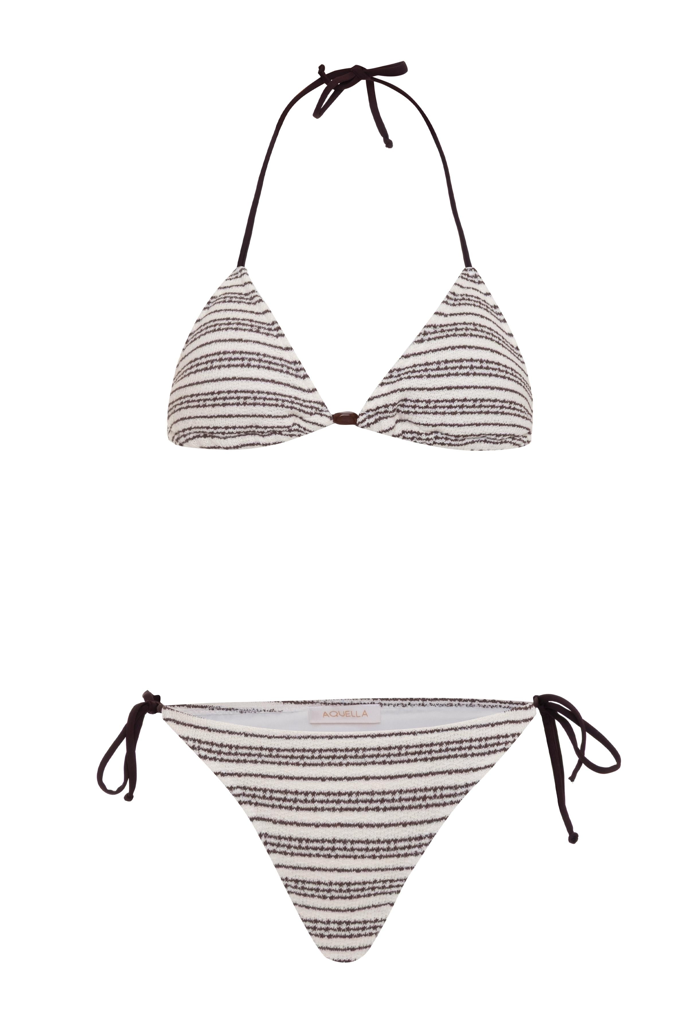 Triko Kahveregi Çigili Ekru Üçgen Bikini Takım