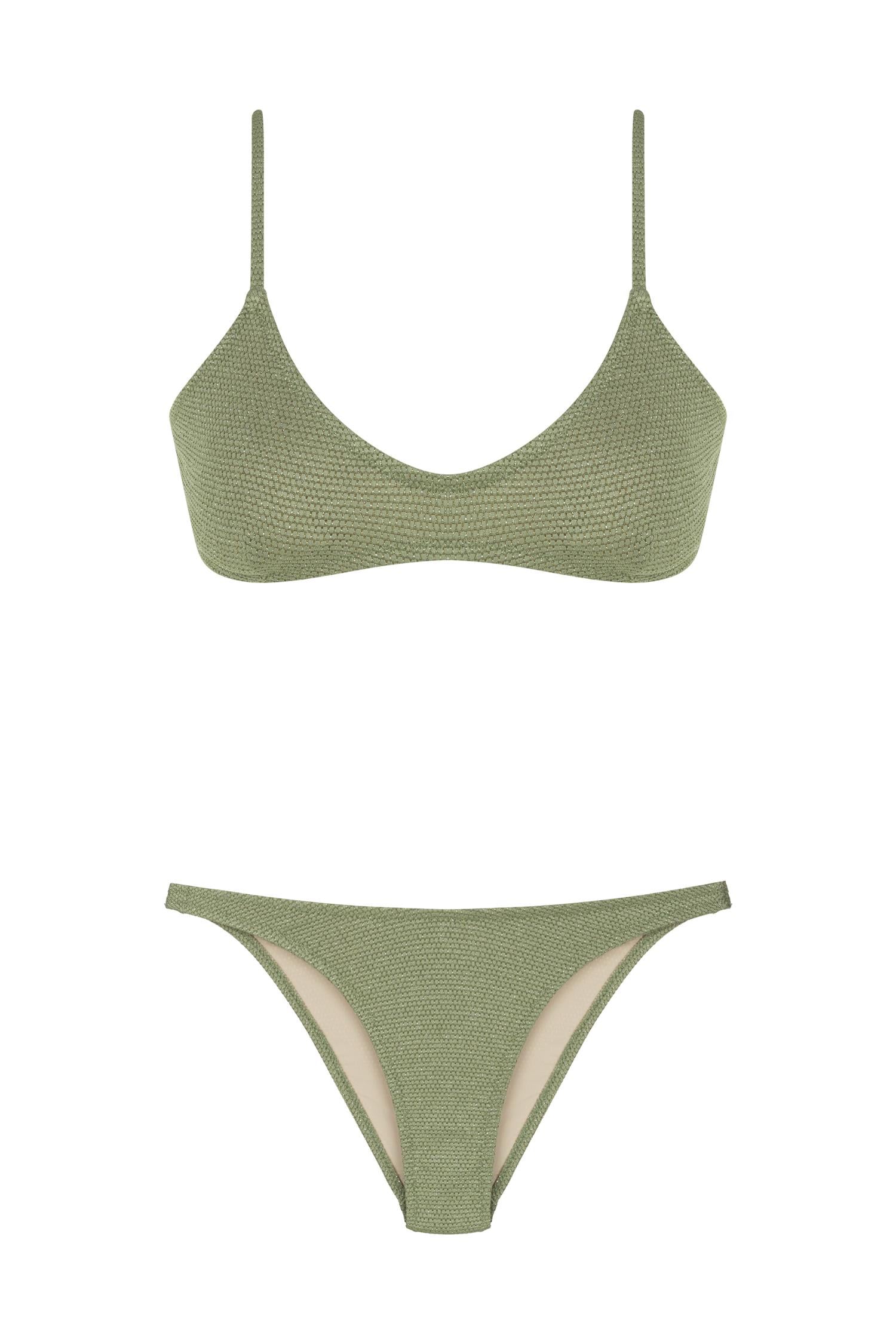 U Kesim Dokulu Üçgen Gold Simli Haki Bikini Takım