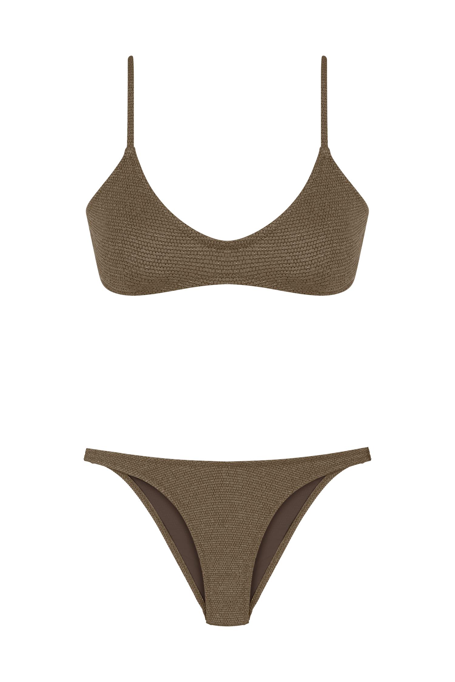 U Kesim Dokulu Üçgen Gold Simli Kahve Bikini Takım