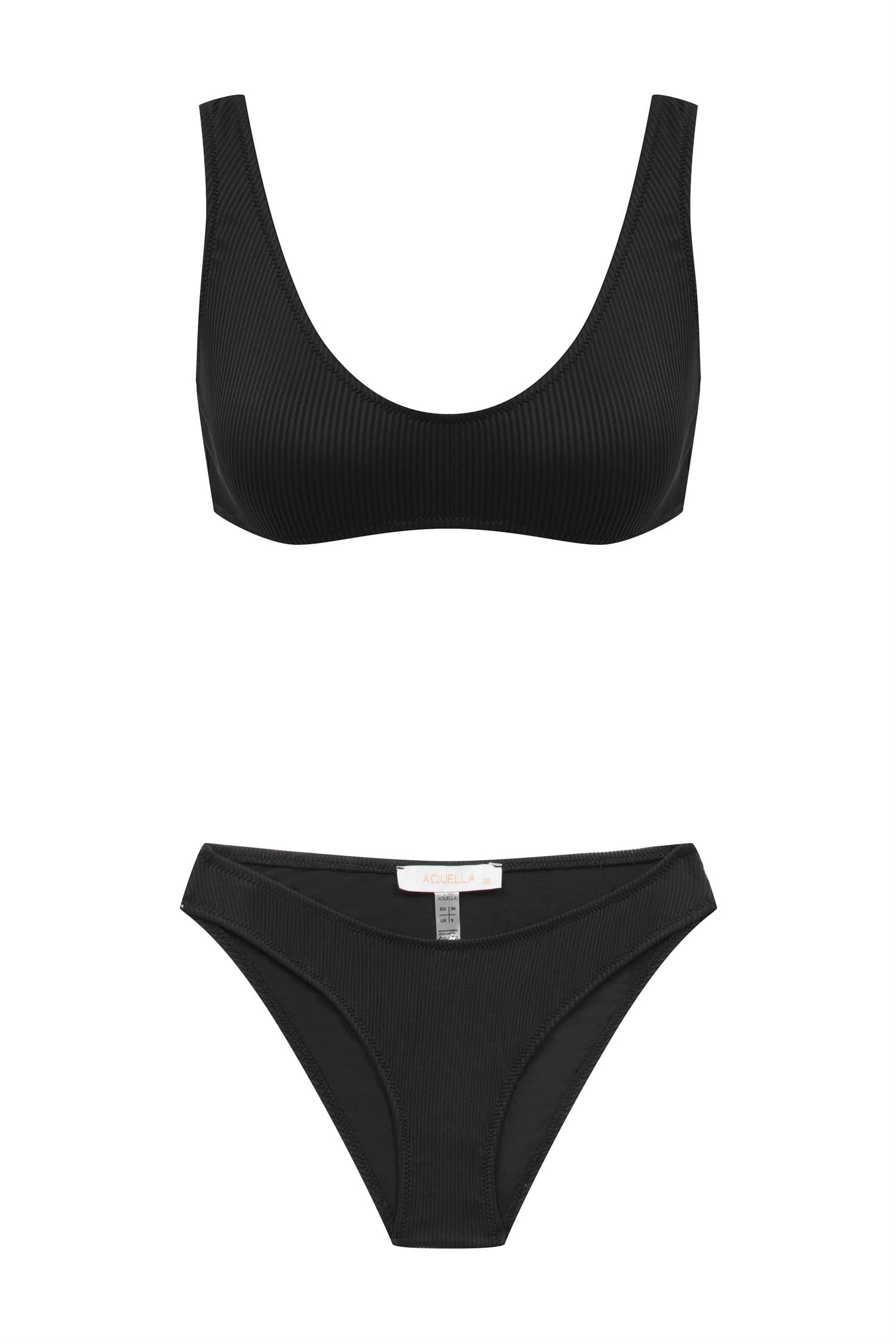 U Kesim Fitilli Dokulu Siyah Bikini Takım