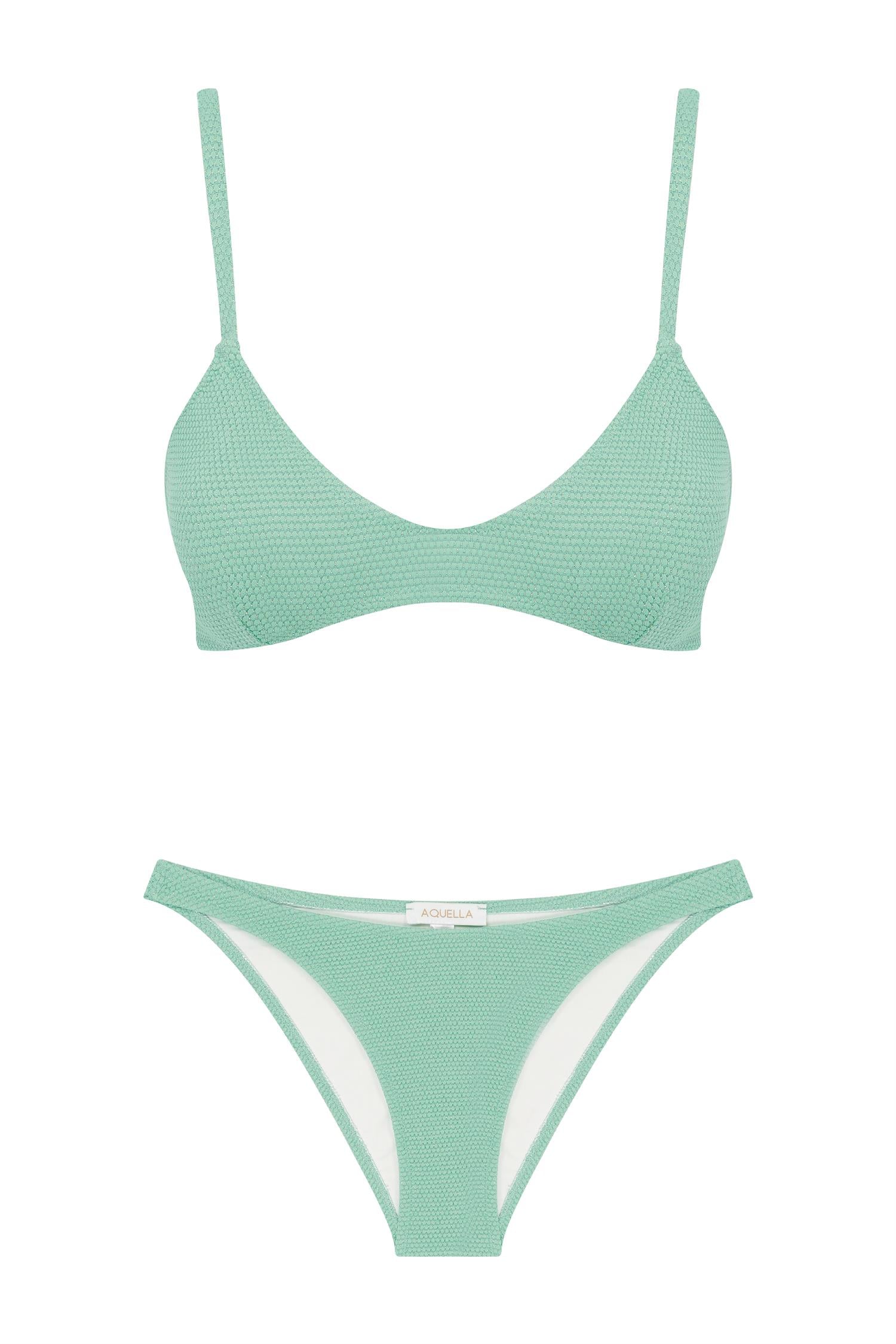 U Kesim Üçgen Gold Simli Yeşil Dokulu Bikini Takım