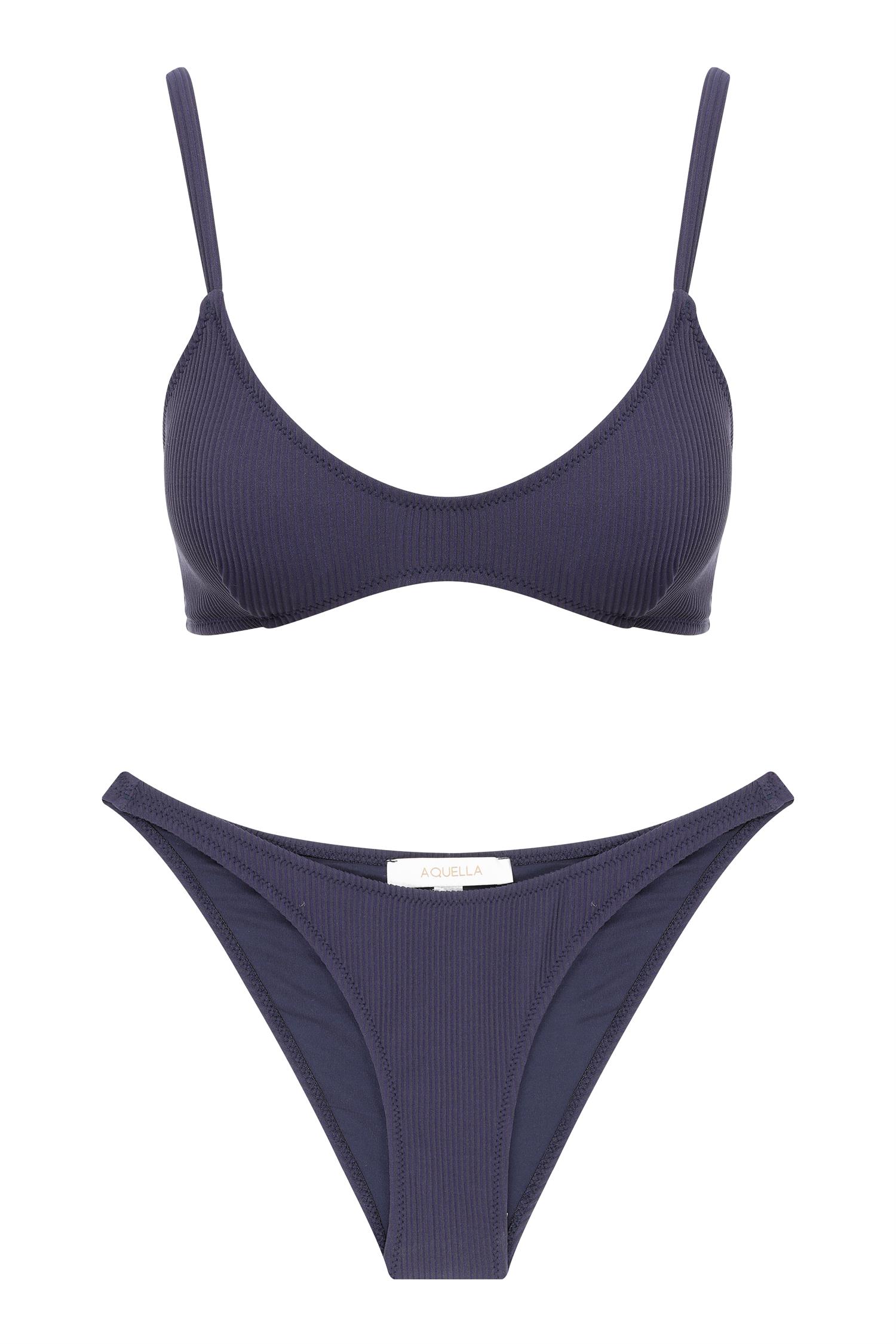 U Kesim Üçgen Lacivert Dokulu Bikini Takım