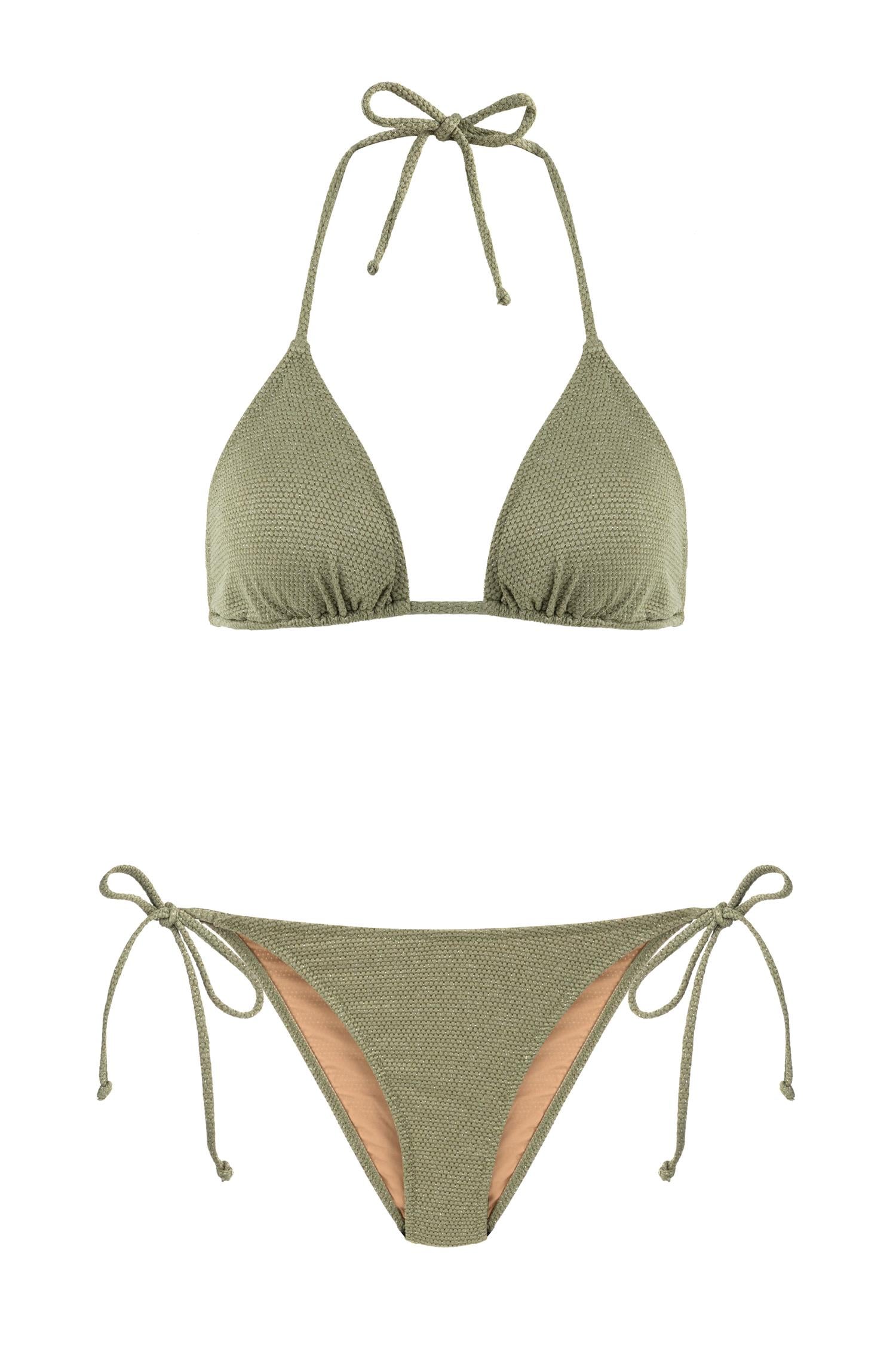 Üçgen Gold Simli Haki Dokulu Üçgen Bikini Takım