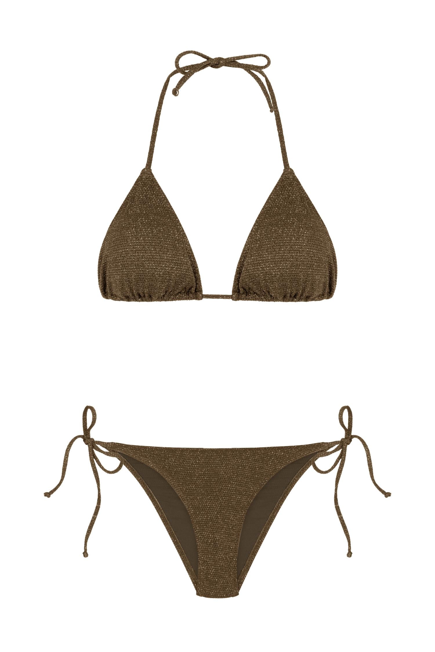 Üçgen Gold Simli Kahve Dokulu Üçgen Bikini Takım