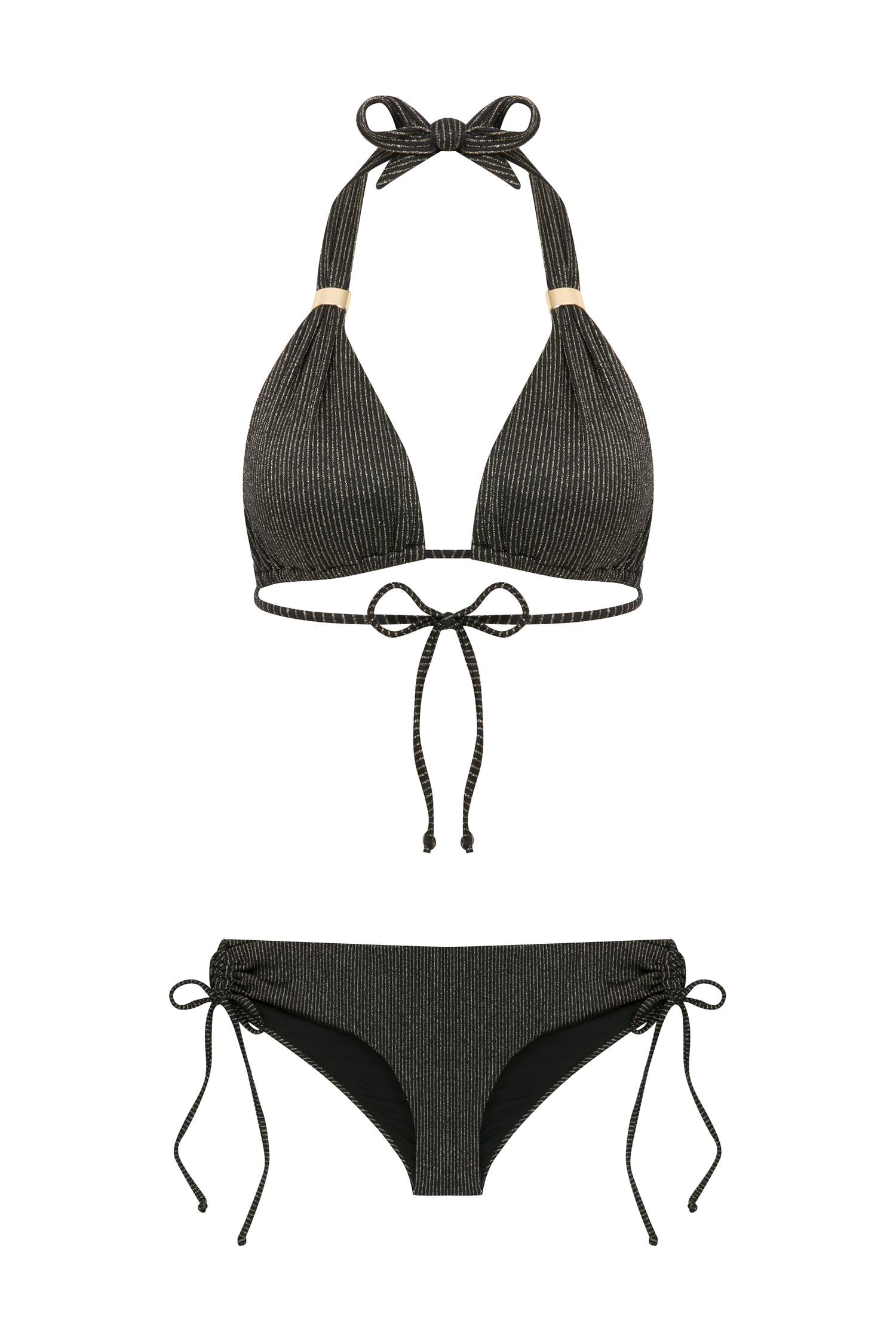 Uzun Üçgen Gold Simli Siyah Bikini Takım