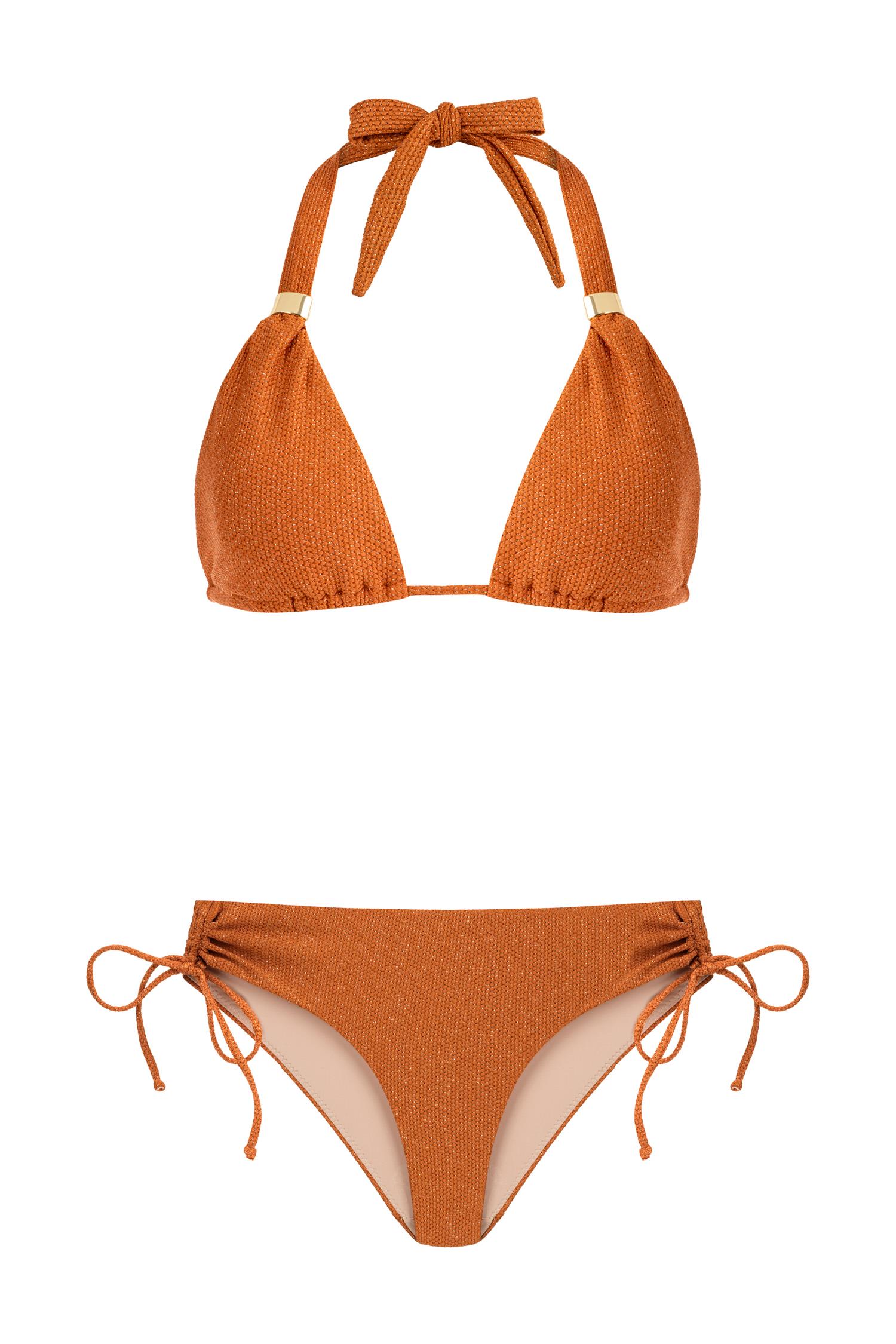 Uzun Üçgen Simli Dokulu Turuncu Bikini Takım