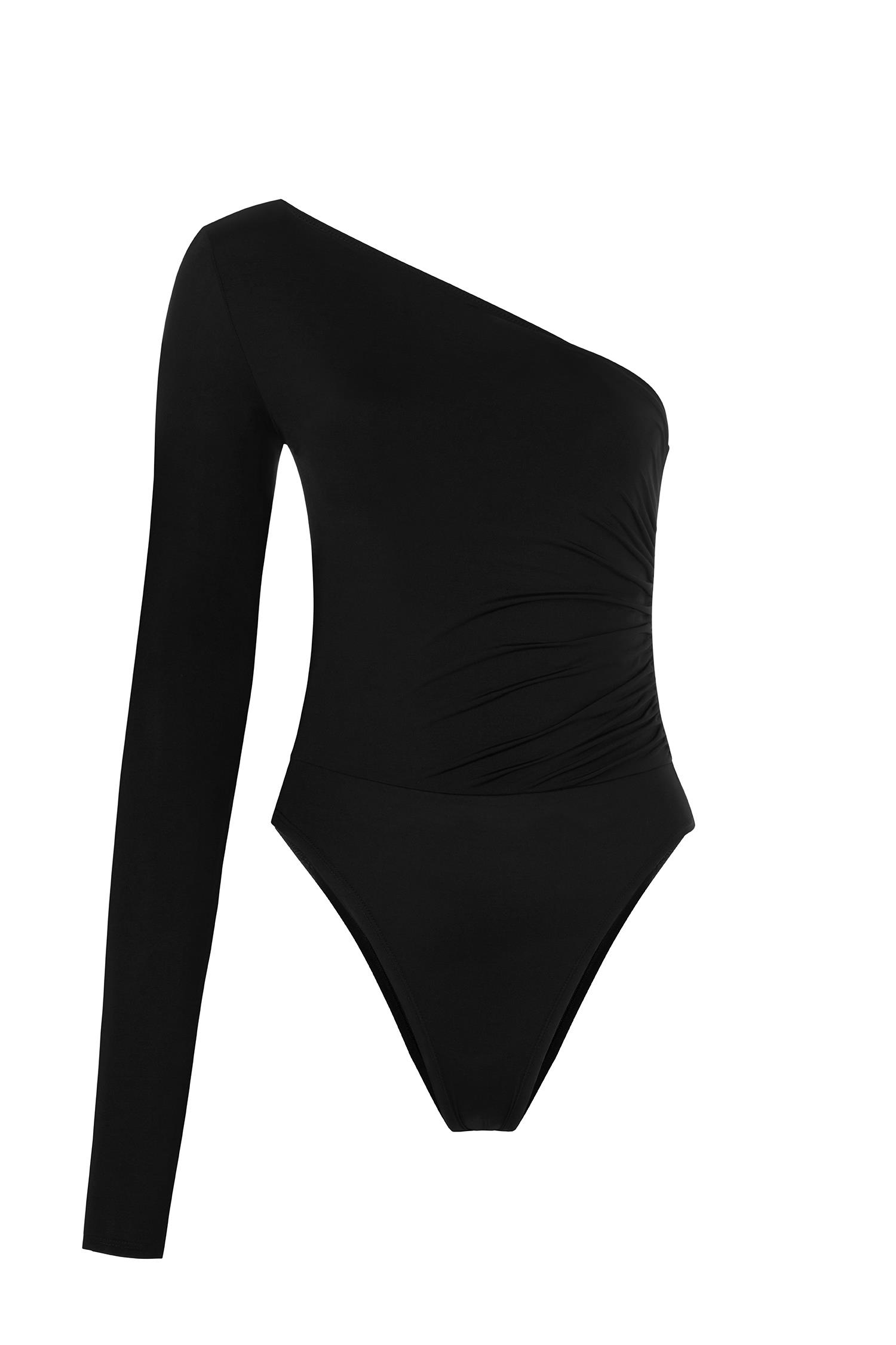 Asimetrik Büzgülü Siyah Bodysuit