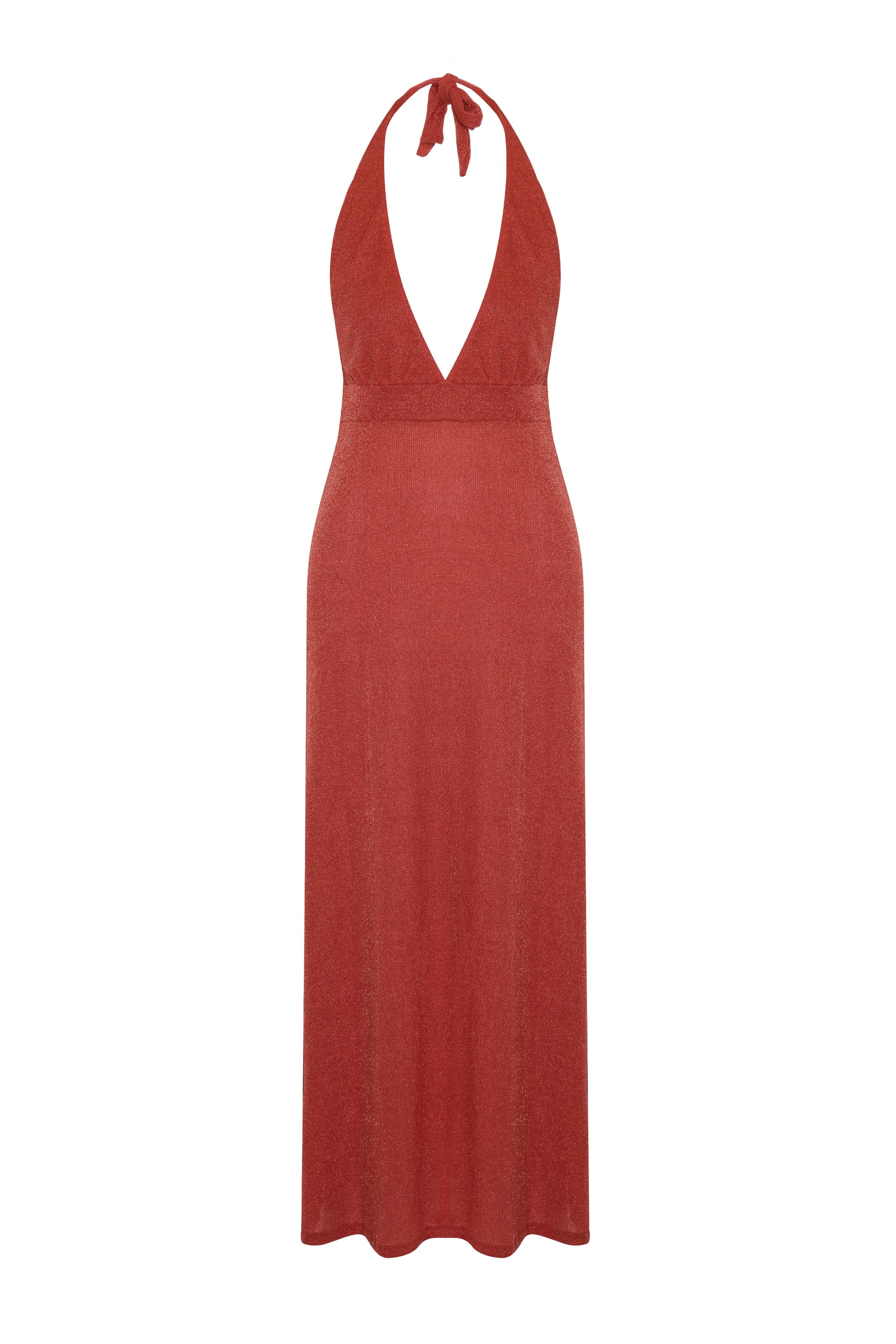 Askılı Oranj Lurex Elbise