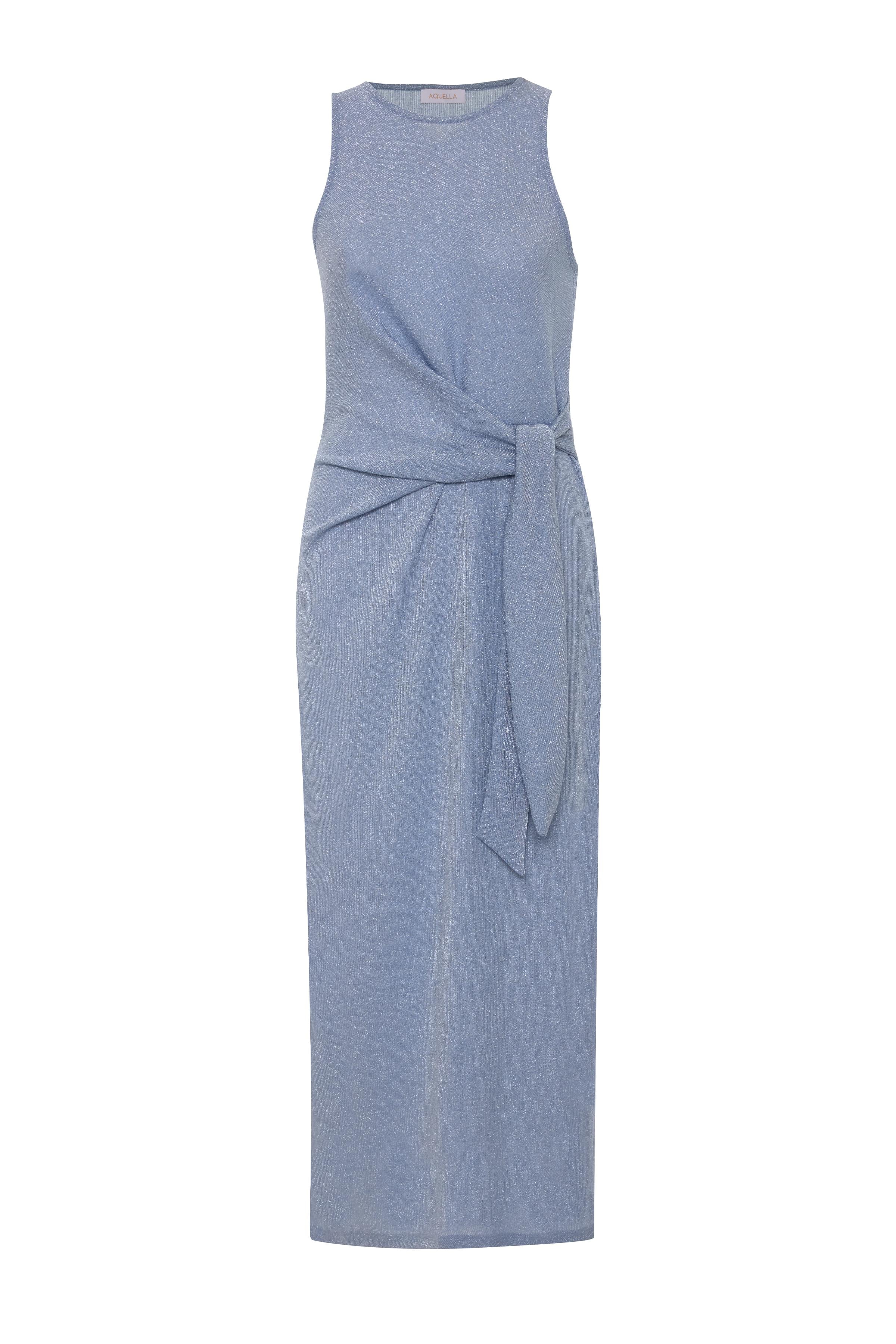 Bağlamalı Yırtmaçlı Lurex Bebe Mavi Uzun Elbise
