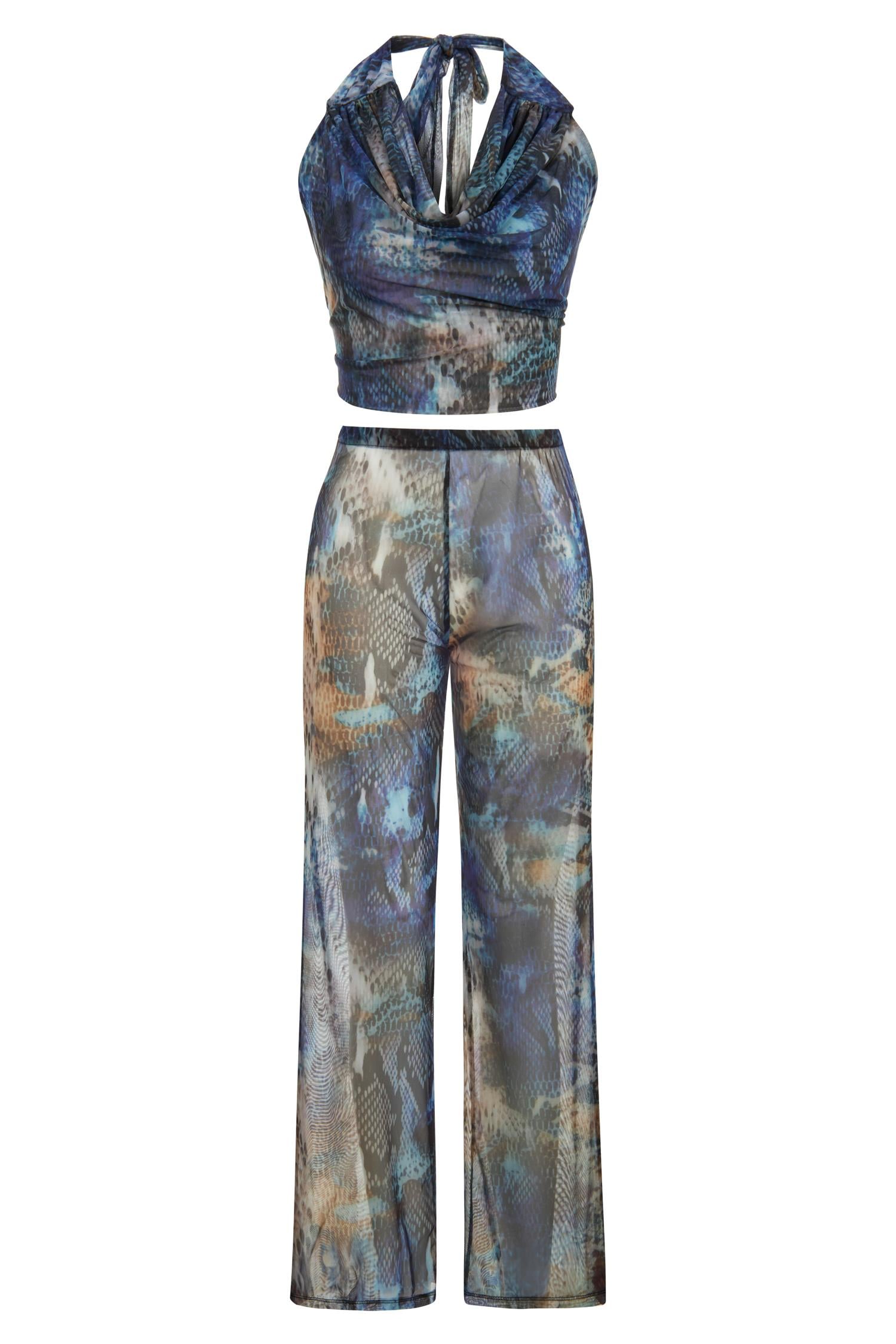 Desenli Tül Lacivert Crop Top-Pantolon Takım