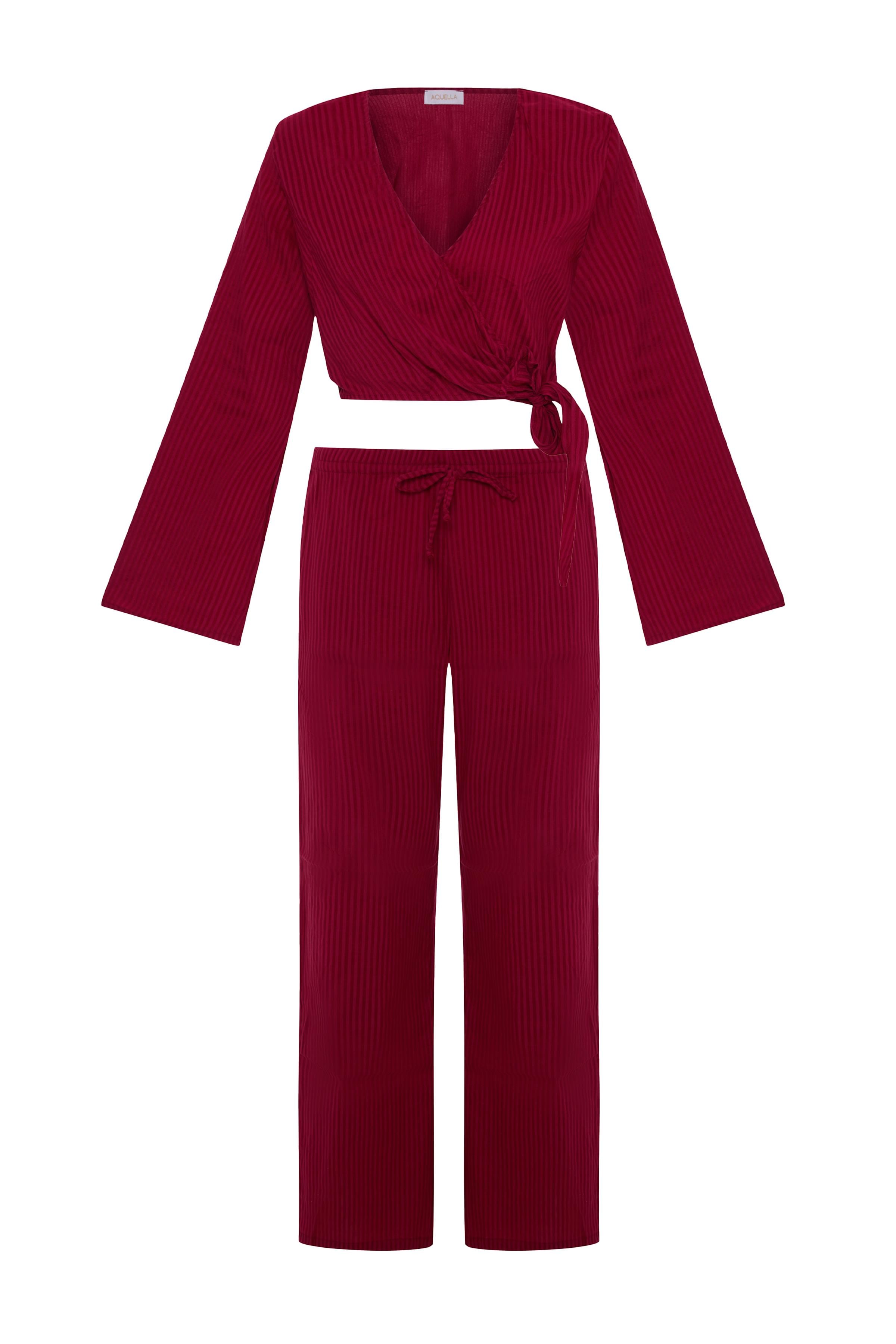 Dokulu Bordo Crop Top-Pantolon Takım